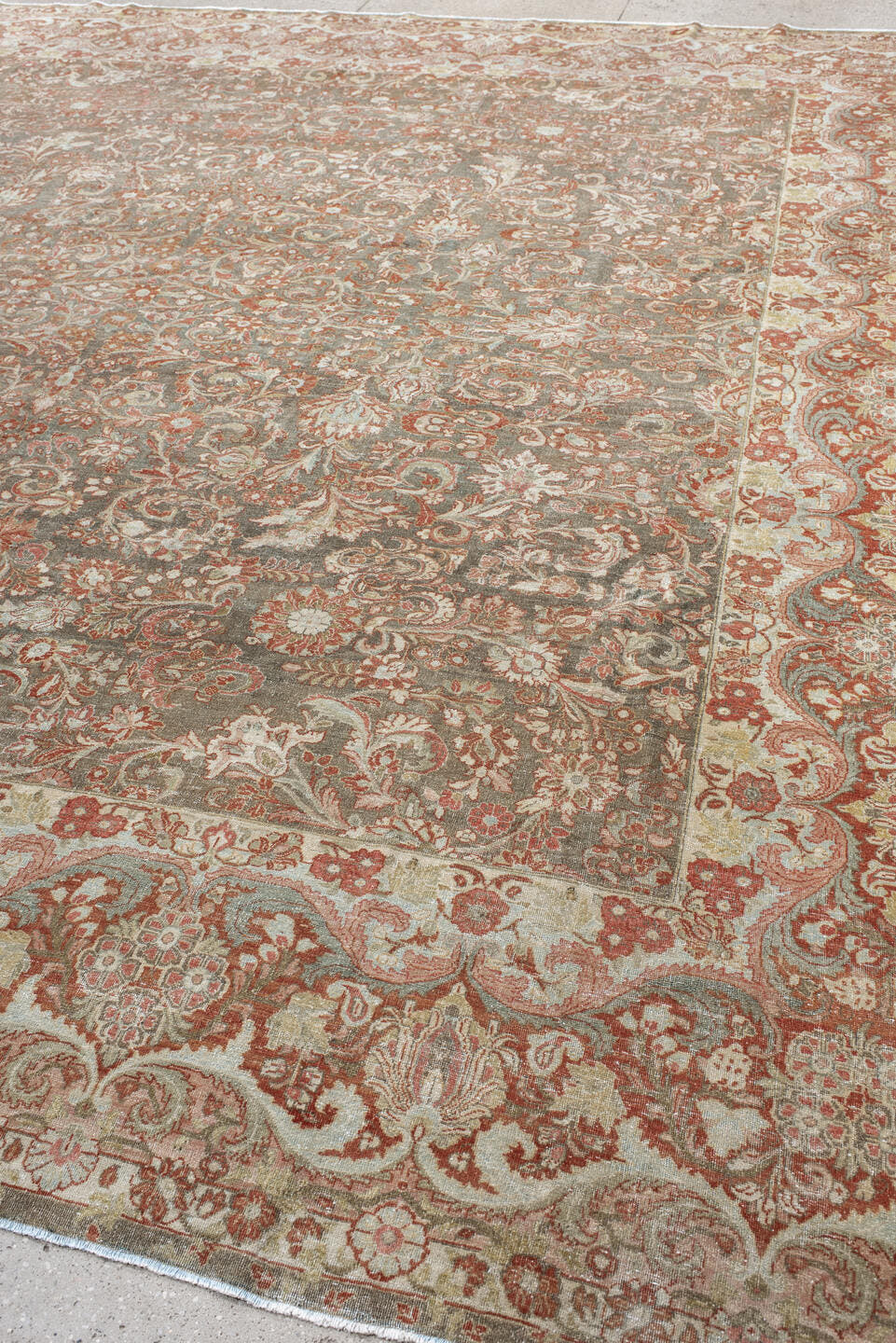 13' x 13' one-of-a-kind handmade antique Sarouk oversize rug. Color palette: gray, ivory, rust, taupe, sage, terra cotta