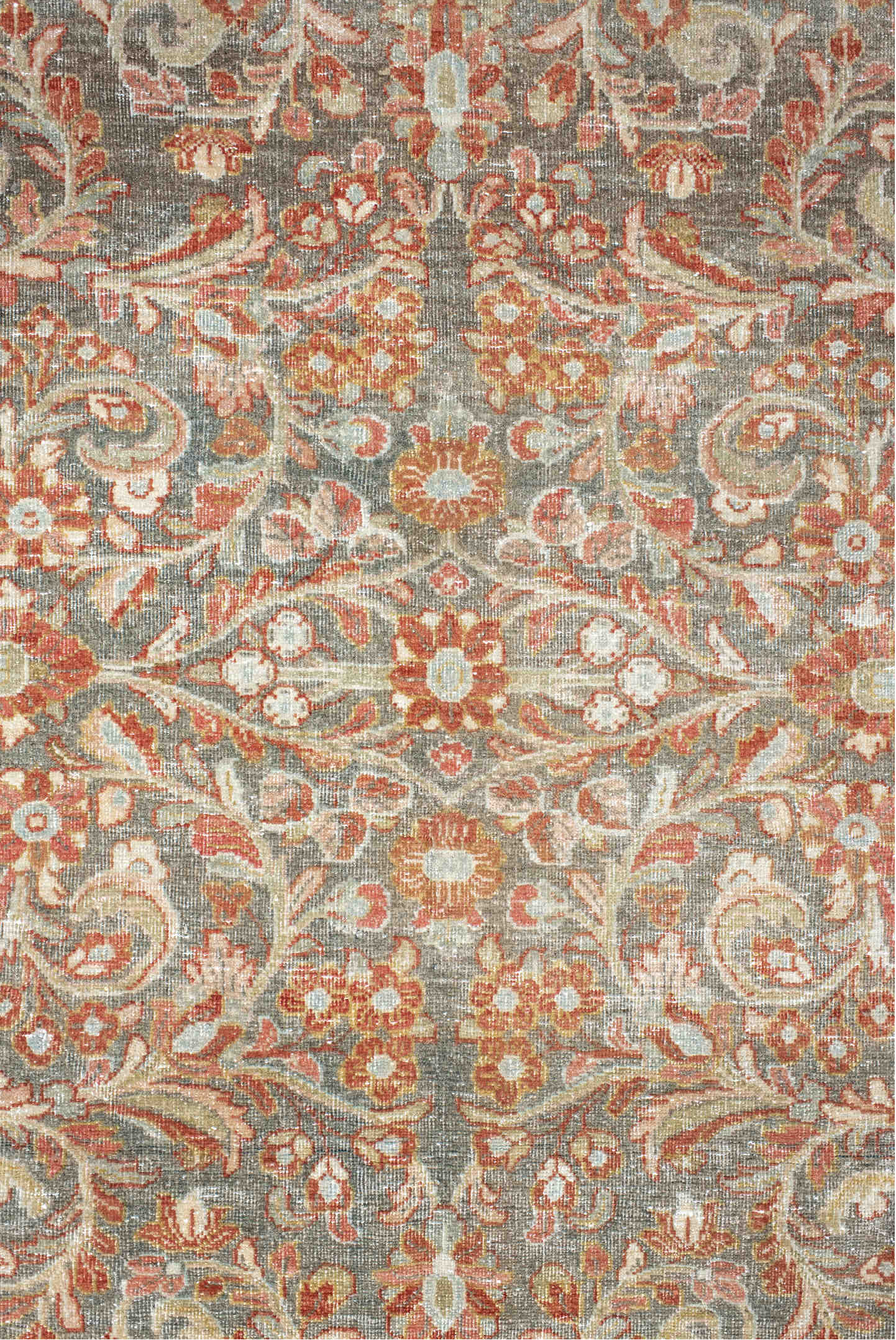 13' x 13' one-of-a-kind handmade antique Sarouk oversize rug. Color palette: gray, ivory, rust, taupe, sage, terra cotta
