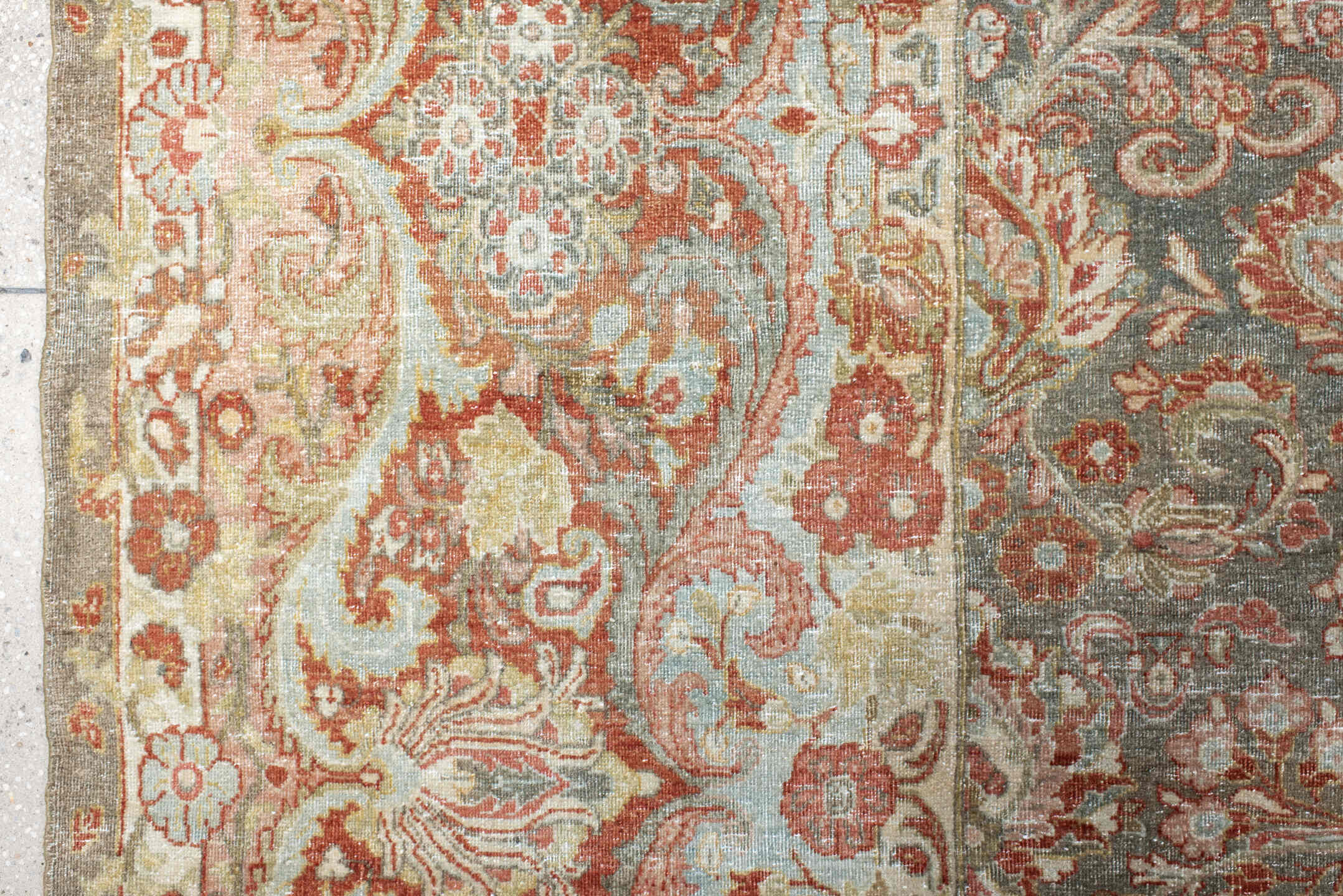 13' x 13' one-of-a-kind handmade antique Sarouk oversize rug. Color palette: gray, ivory, rust, taupe, sage, terra cotta