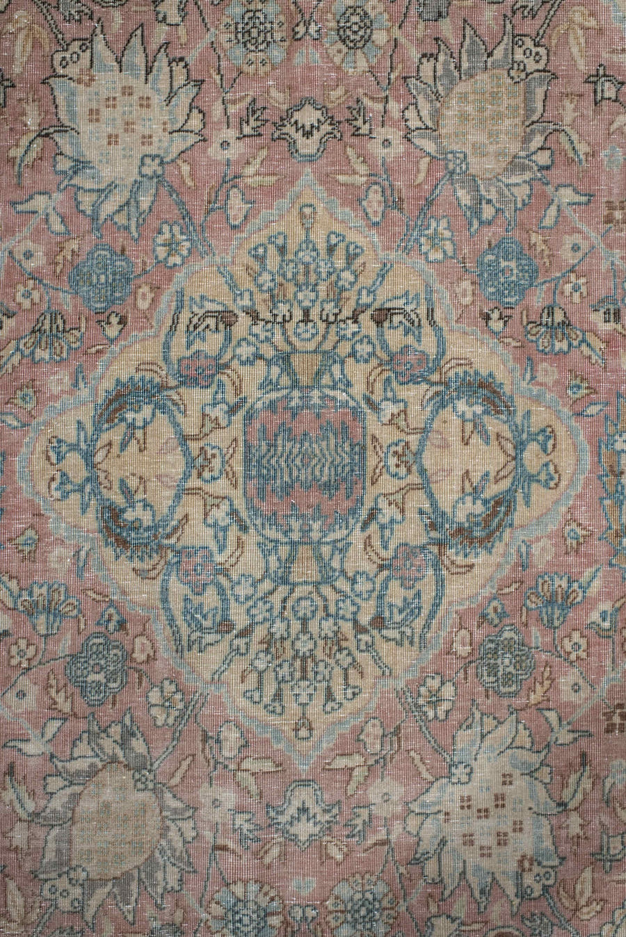 9' x 12' one-of-a-kind handmade vintage Tabriz large size rug. Color palette: rose, light blue, ivory, taupe, gold, sage
