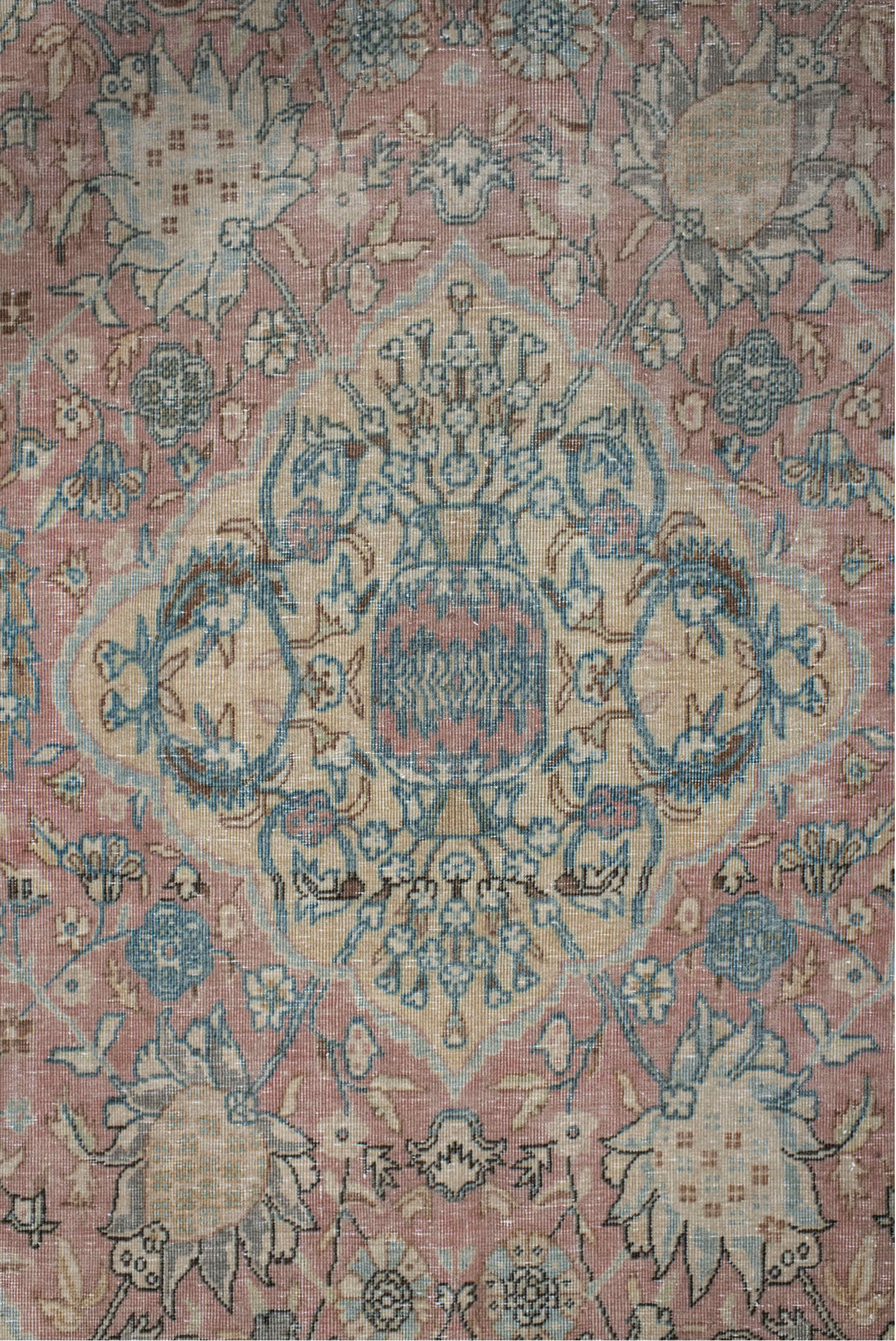 9' x 12' one-of-a-kind handmade vintage Tabriz large size rug. Color palette: rose, light blue, ivory, taupe, gold, sage