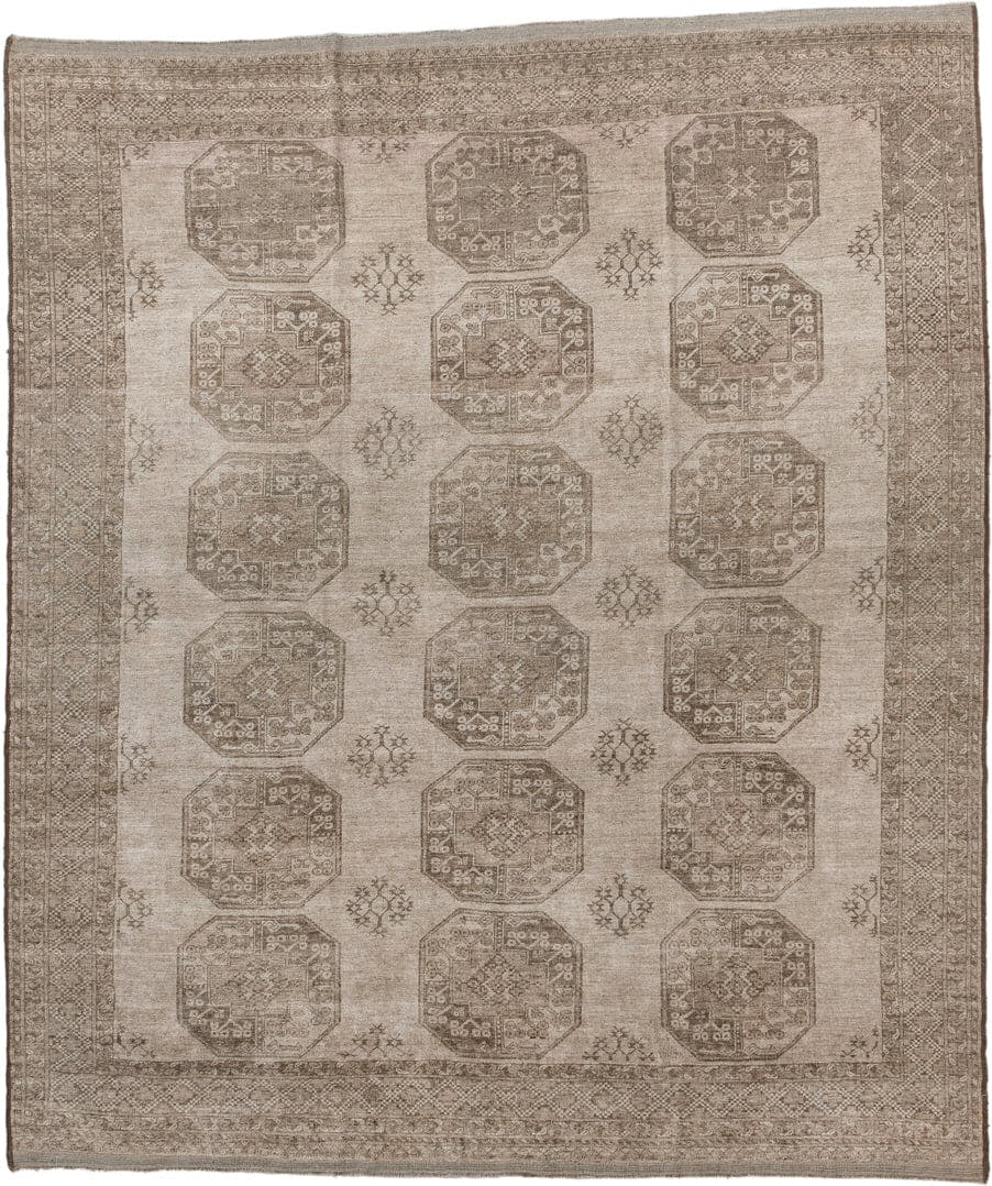 7' x 8' one-of-a-kind handmade antique Afghan rug. Color palette: ivory, taupe, camel, beige, sand, brown, gray