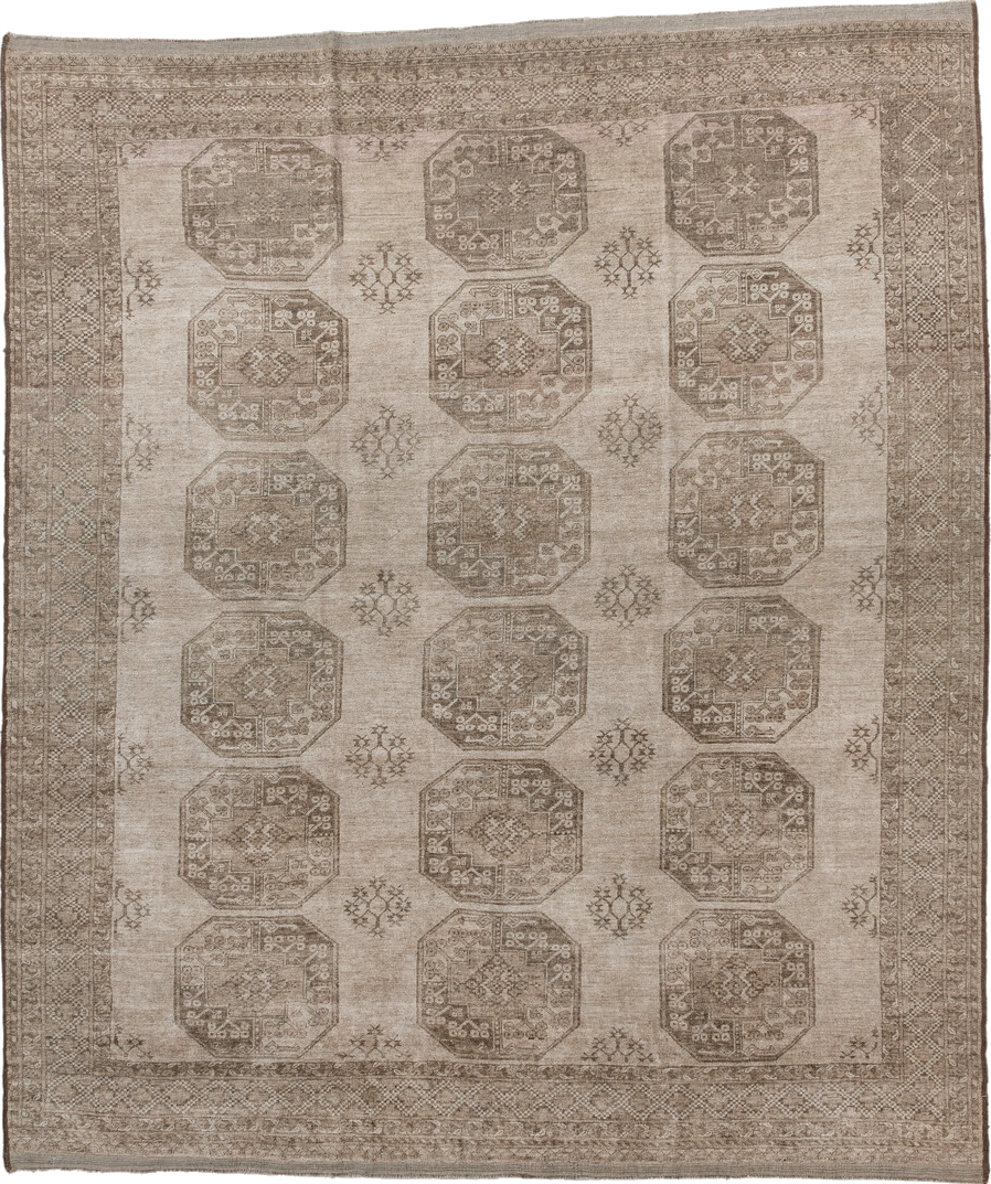 7' x 8' one-of-a-kind handmade vintage Afghan rug. Color palette: gray, light gray, pink