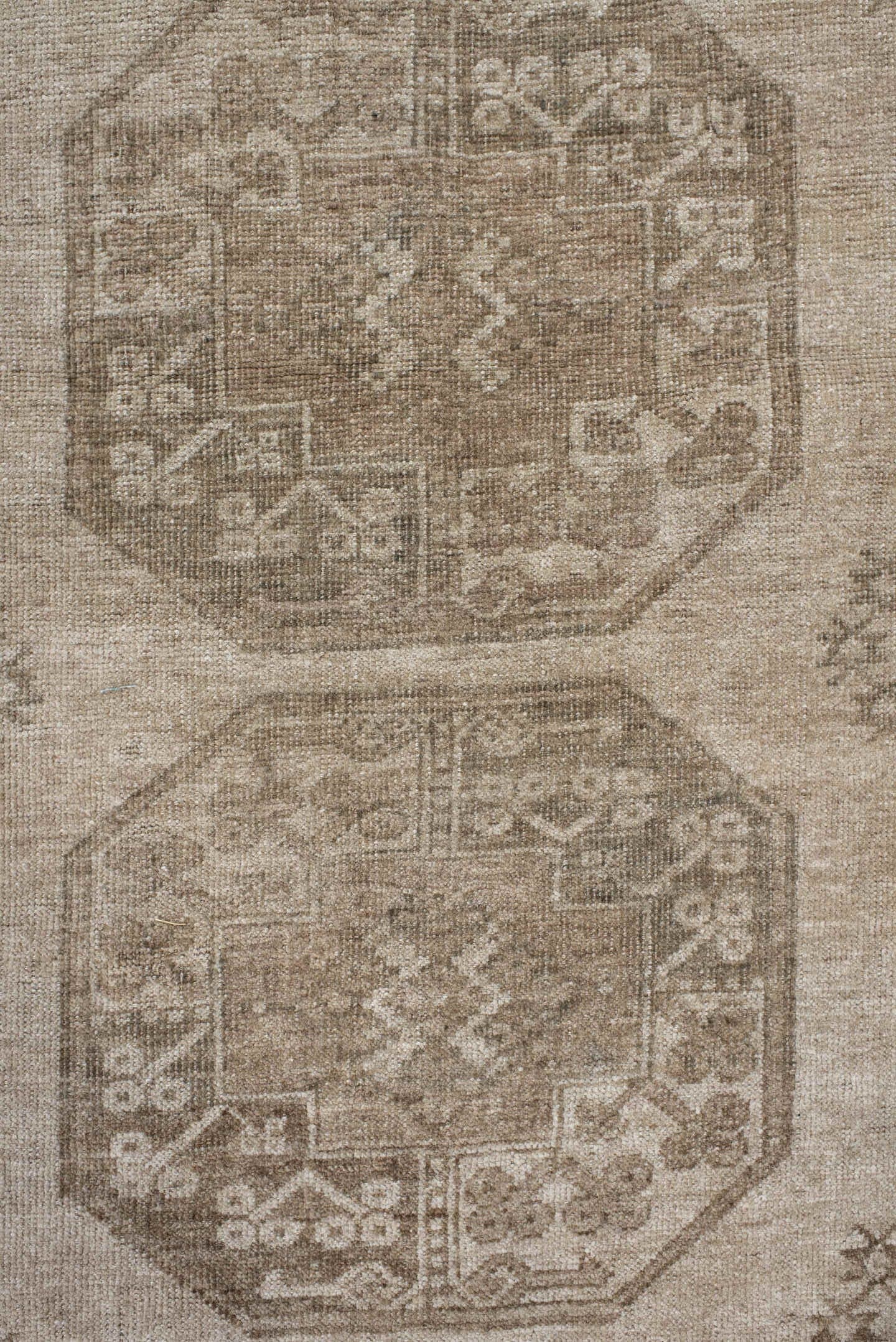7' x 8' one-of-a-kind handmade antique Afghan rug. Color palette: ivory, taupe, camel, beige, sand, brown, gray
