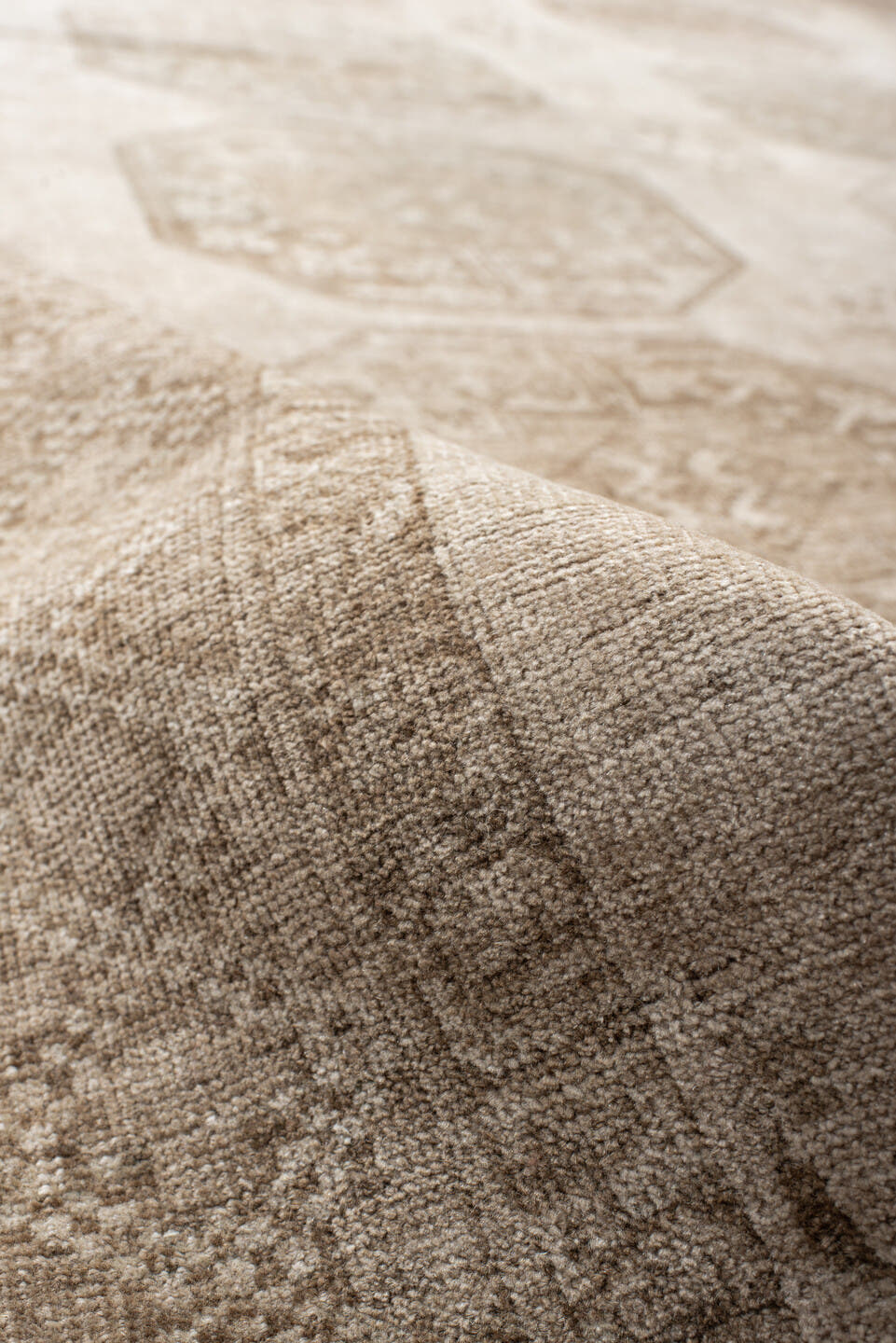 7' x 8' one-of-a-kind handmade antique Afghan rug. Color palette: ivory, taupe, camel, beige, sand, brown, gray