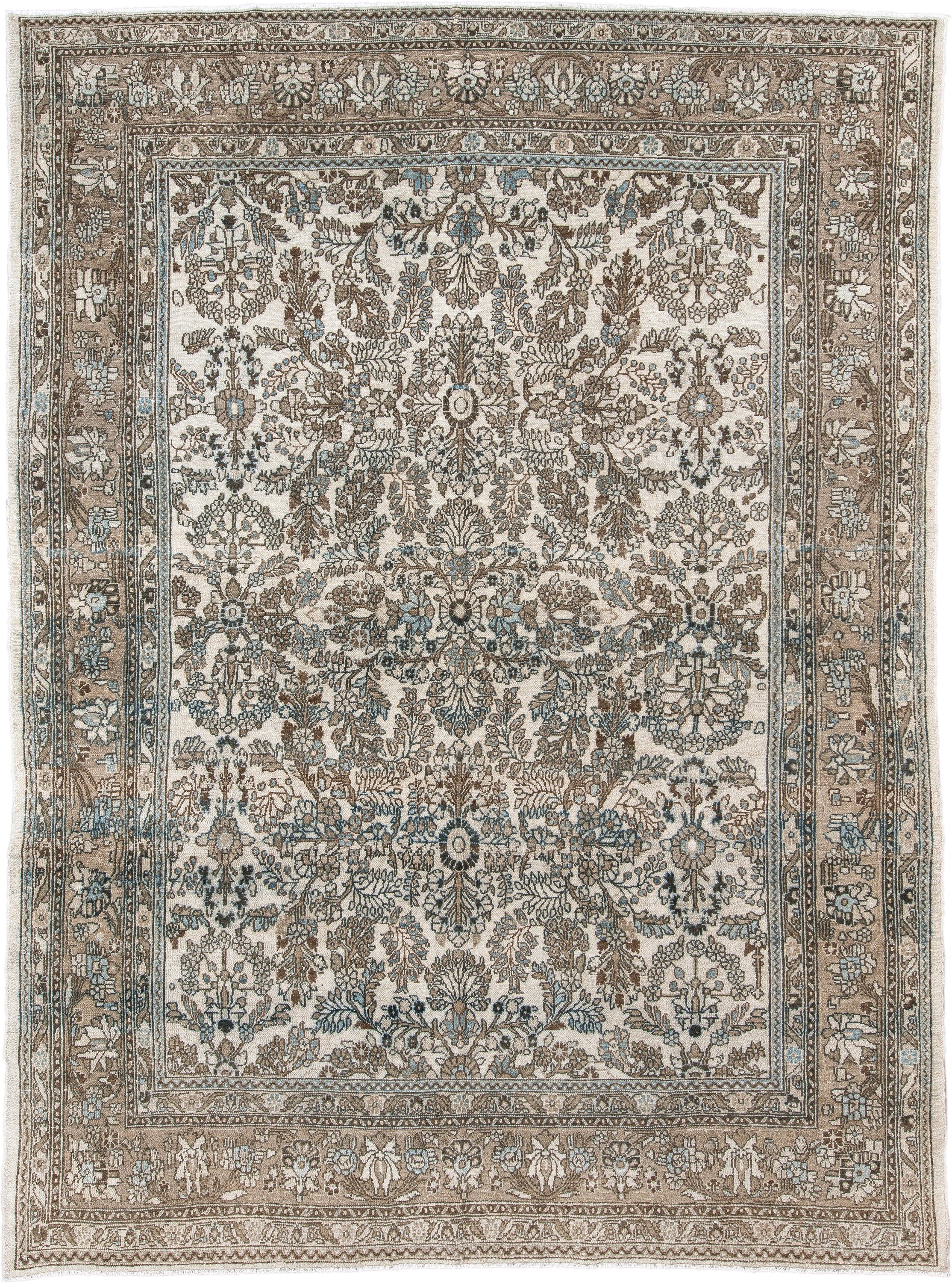 8' x 11' one-of-a-kind handmade vintage Bibikabad large size rug. Color palette: ivory, taupe, brown, soft blue, beige