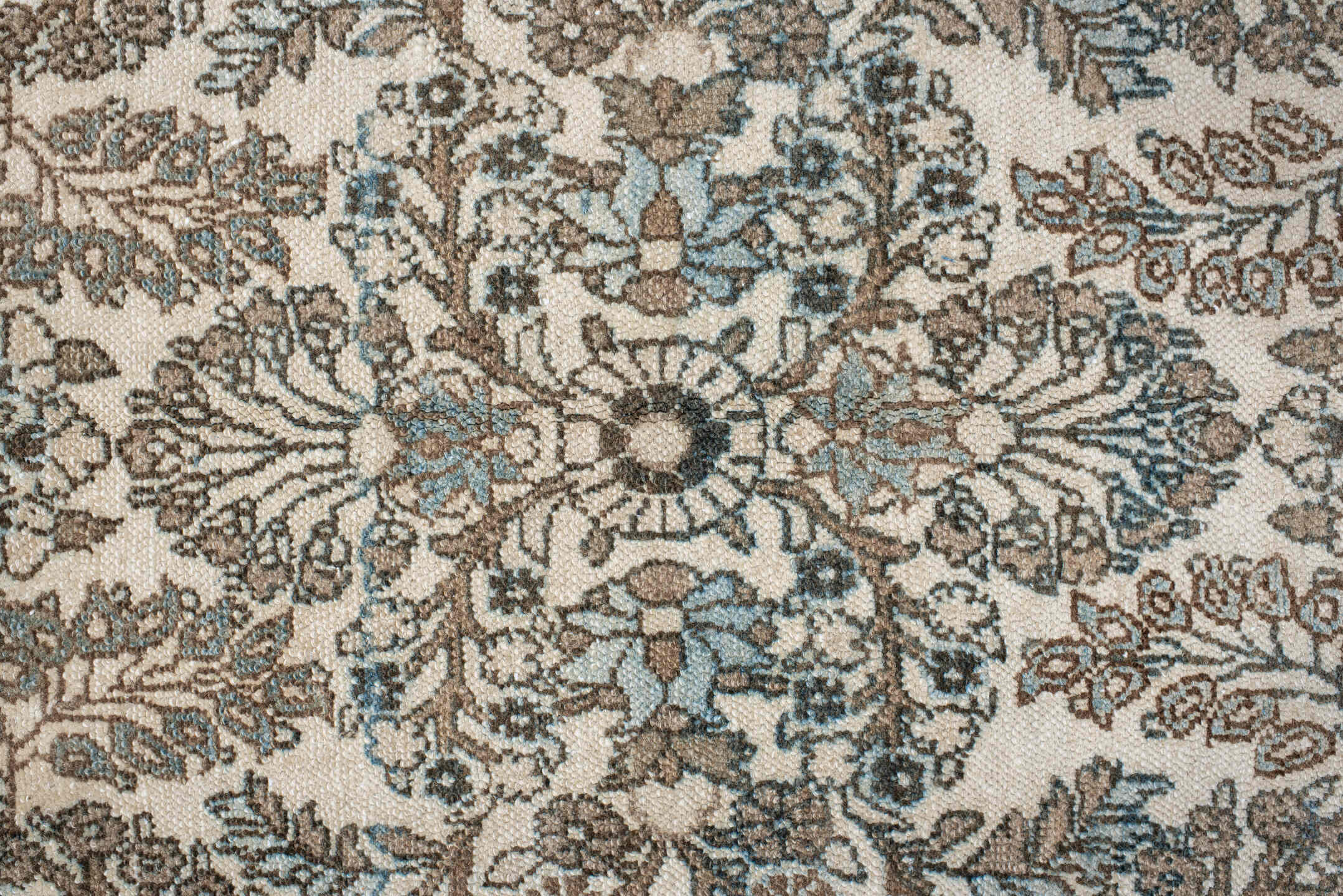 8' x 11' one-of-a-kind handmade vintage Bibikabad large size rug. Color palette: ivory, taupe, brown, soft blue, beige