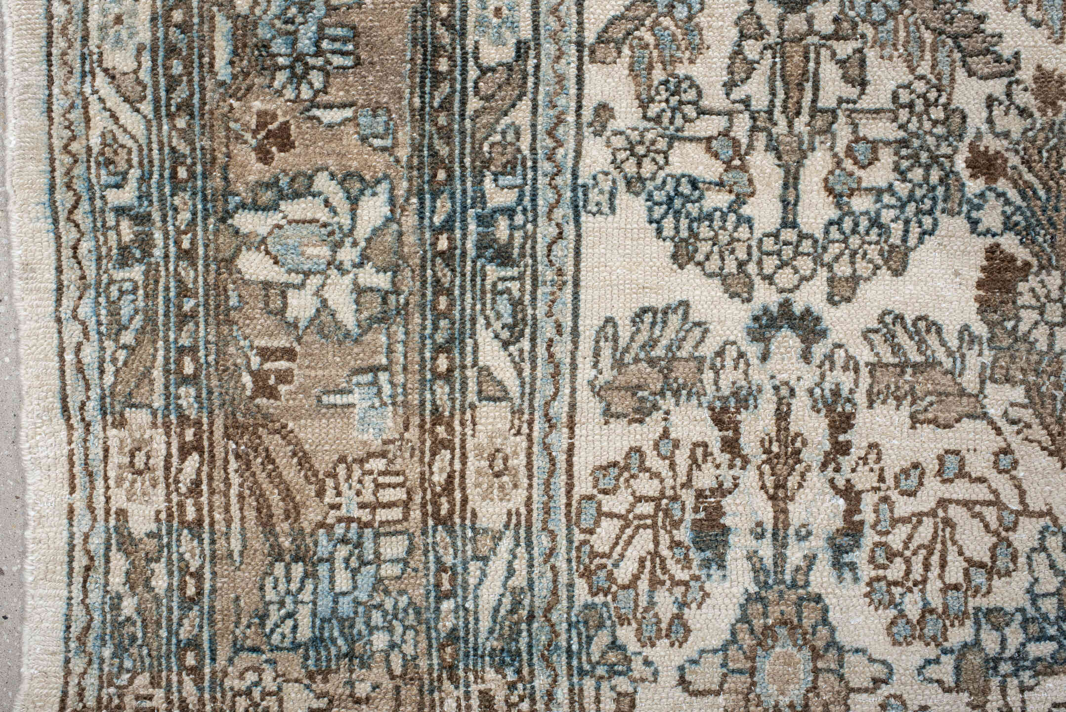 8' x 11' one-of-a-kind handmade vintage Bibikabad large size rug. Color palette: ivory, taupe, brown, soft blue, beige