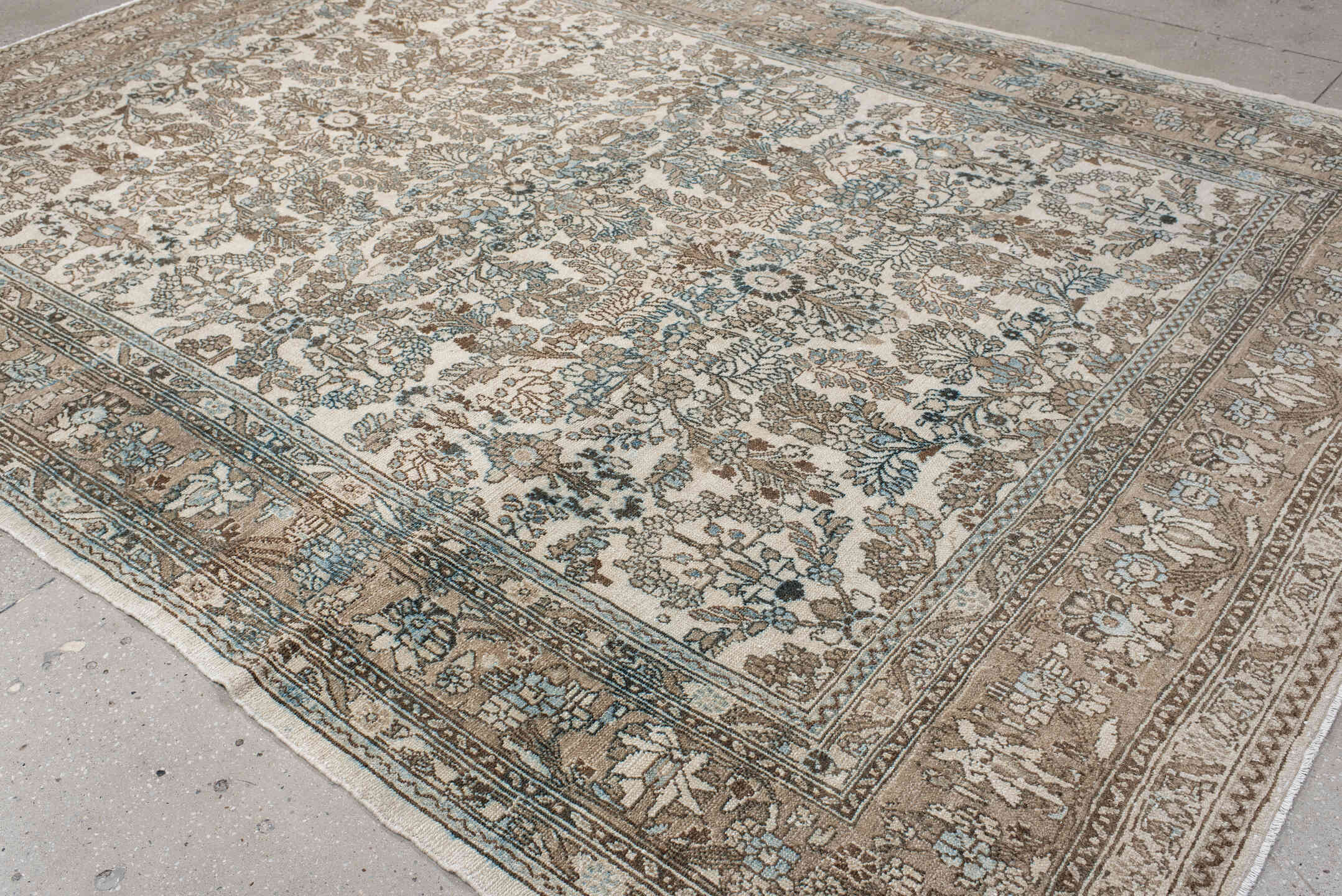 8' x 11' one-of-a-kind handmade vintage Bibikabad large size rug. Color palette: ivory, taupe, brown, soft blue, beige
