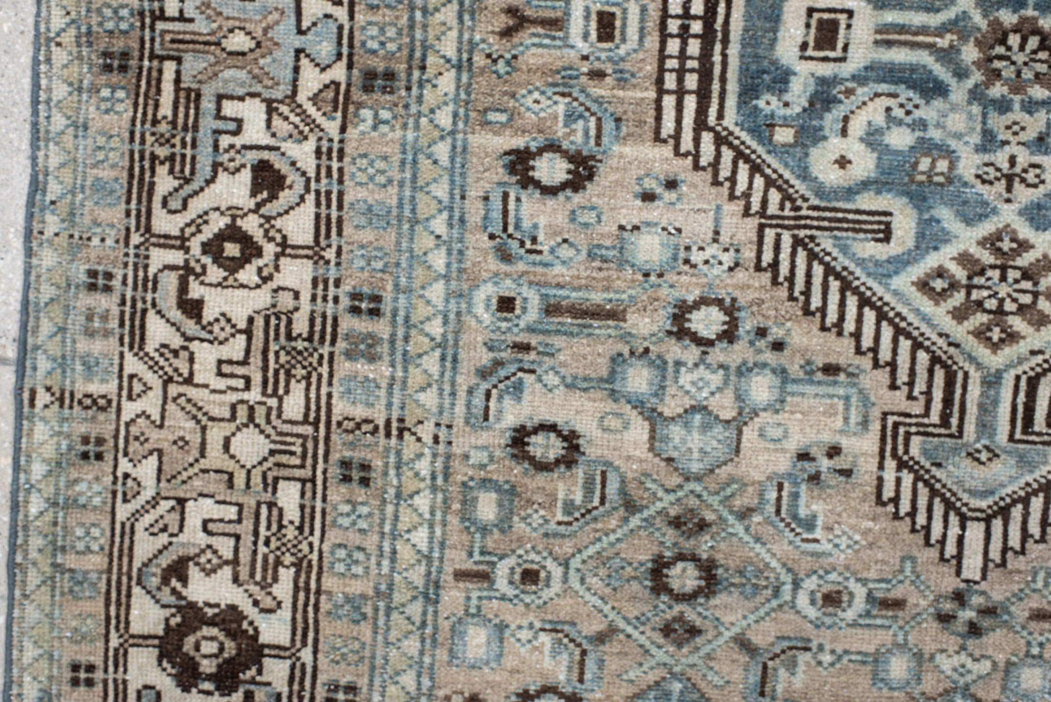 4' x 6' one-of-a-kind handmade antique Malayer small size rug. Color palette: ivory, taupe, pale_blue, brown, slate, camel