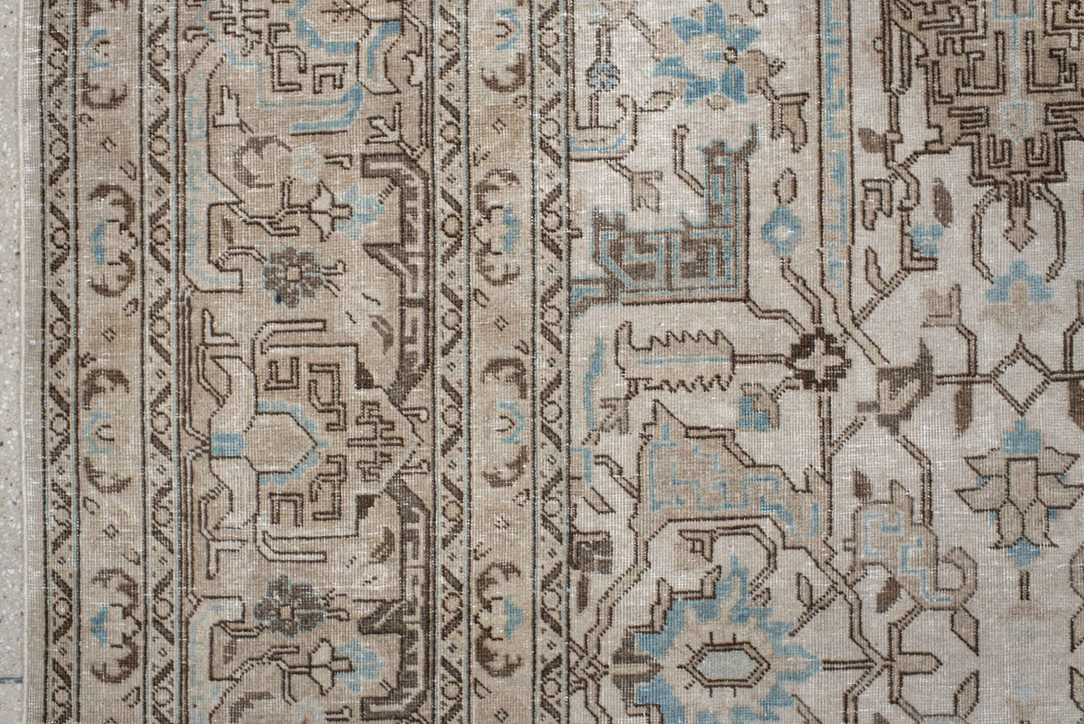 7' x 12' one-of-a-kind handmade vintage Tabriz large size rug. Color palette: ivory, taupe, sky_blue, brown, beige, gray