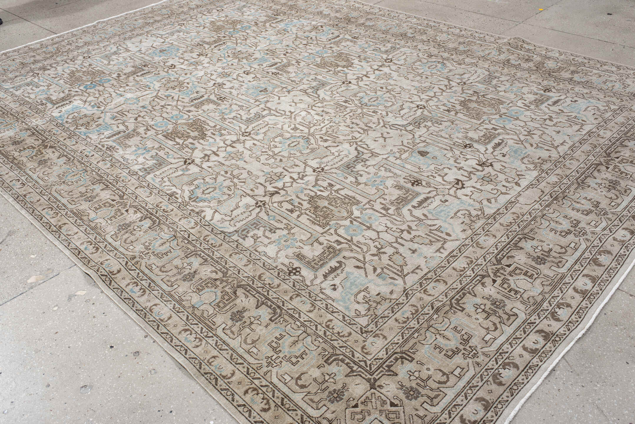 7' x 12' one-of-a-kind handmade vintage Tabriz large size rug. Color palette: ivory, taupe, sky_blue, brown, beige, gray