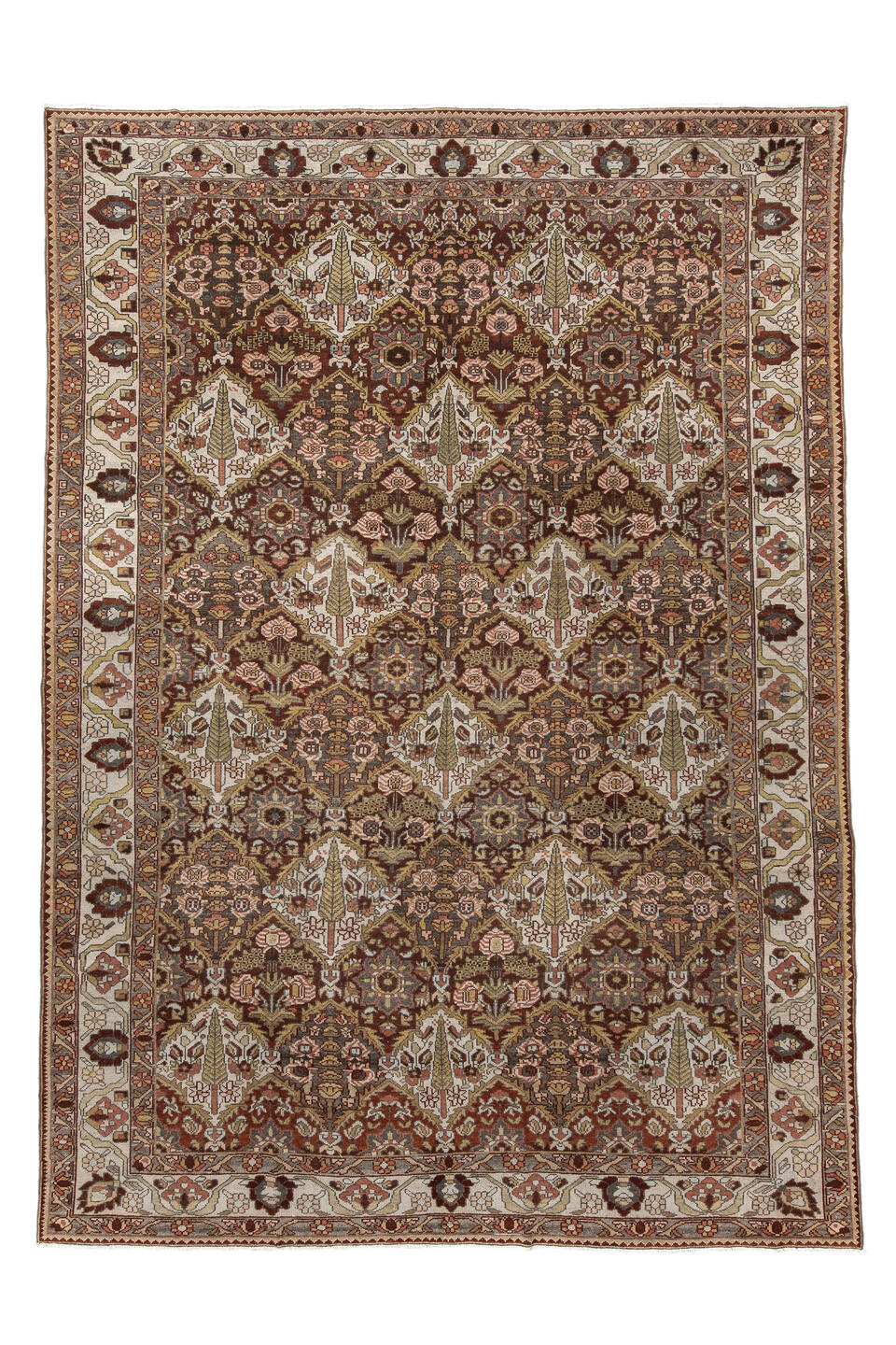 8' x 11' one-of-a-kind handmade antique Baktiary large size rug. Color palette: ivory, rust, brown, camel, taupe, sage, rose