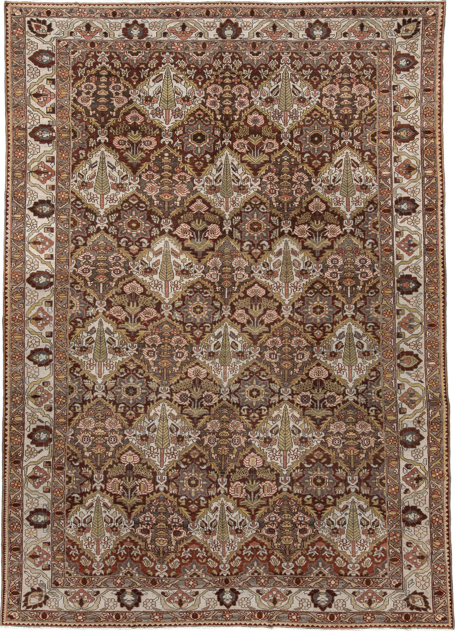 8' x 11' one-of-a-kind handmade vintage Baktiary large size rug. Color palette: brown, gray, light gray, off-white, orange