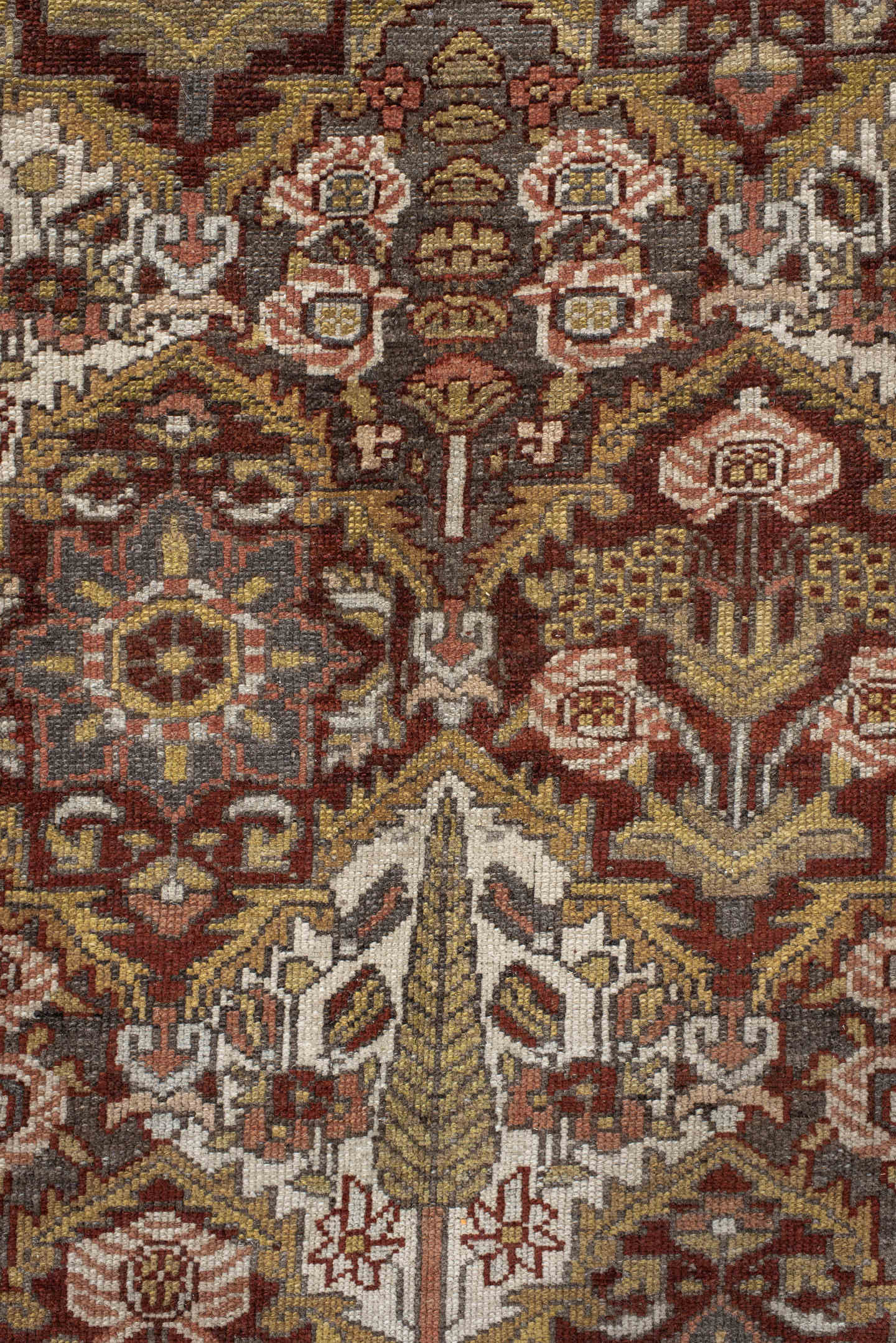 8' x 11' one-of-a-kind handmade antique Baktiary large size rug. Color palette: ivory, rust, brown, camel, taupe, sage, rose