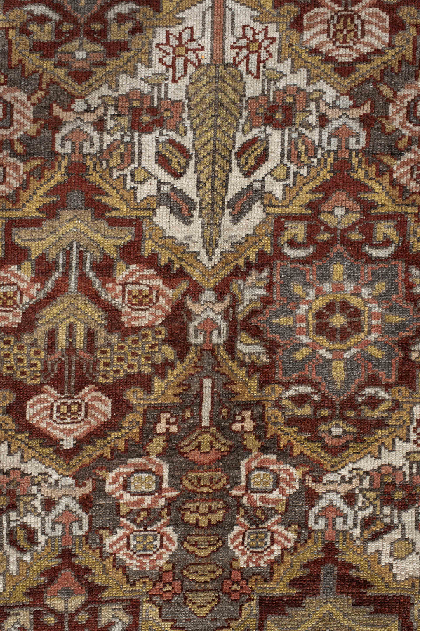 8' x 11' one-of-a-kind handmade antique Baktiary large size rug. Color palette: ivory, rust, brown, camel, taupe, sage, rose