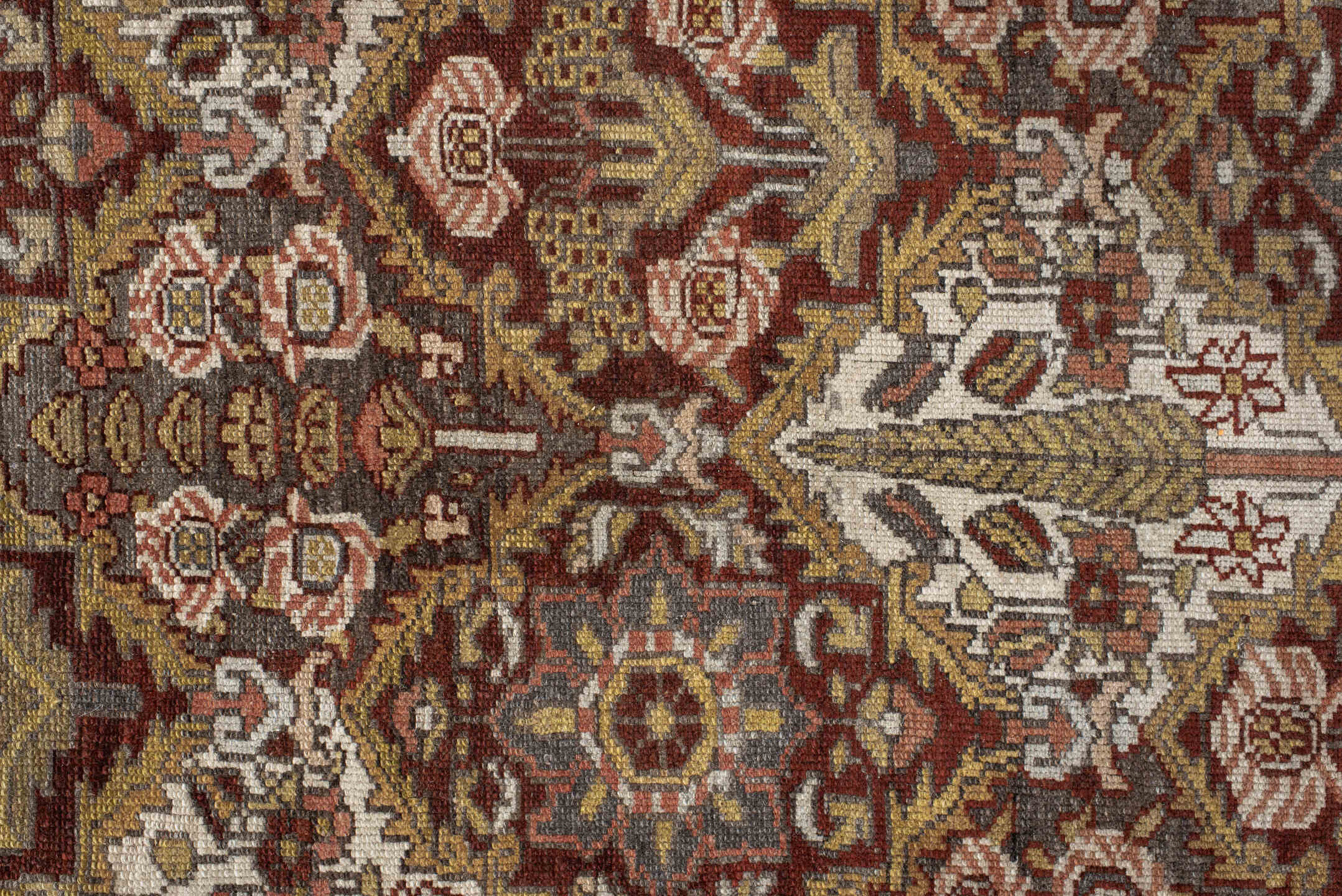 8' x 11' one-of-a-kind handmade antique Baktiary large size rug. Color palette: ivory, rust, brown, camel, taupe, sage, rose