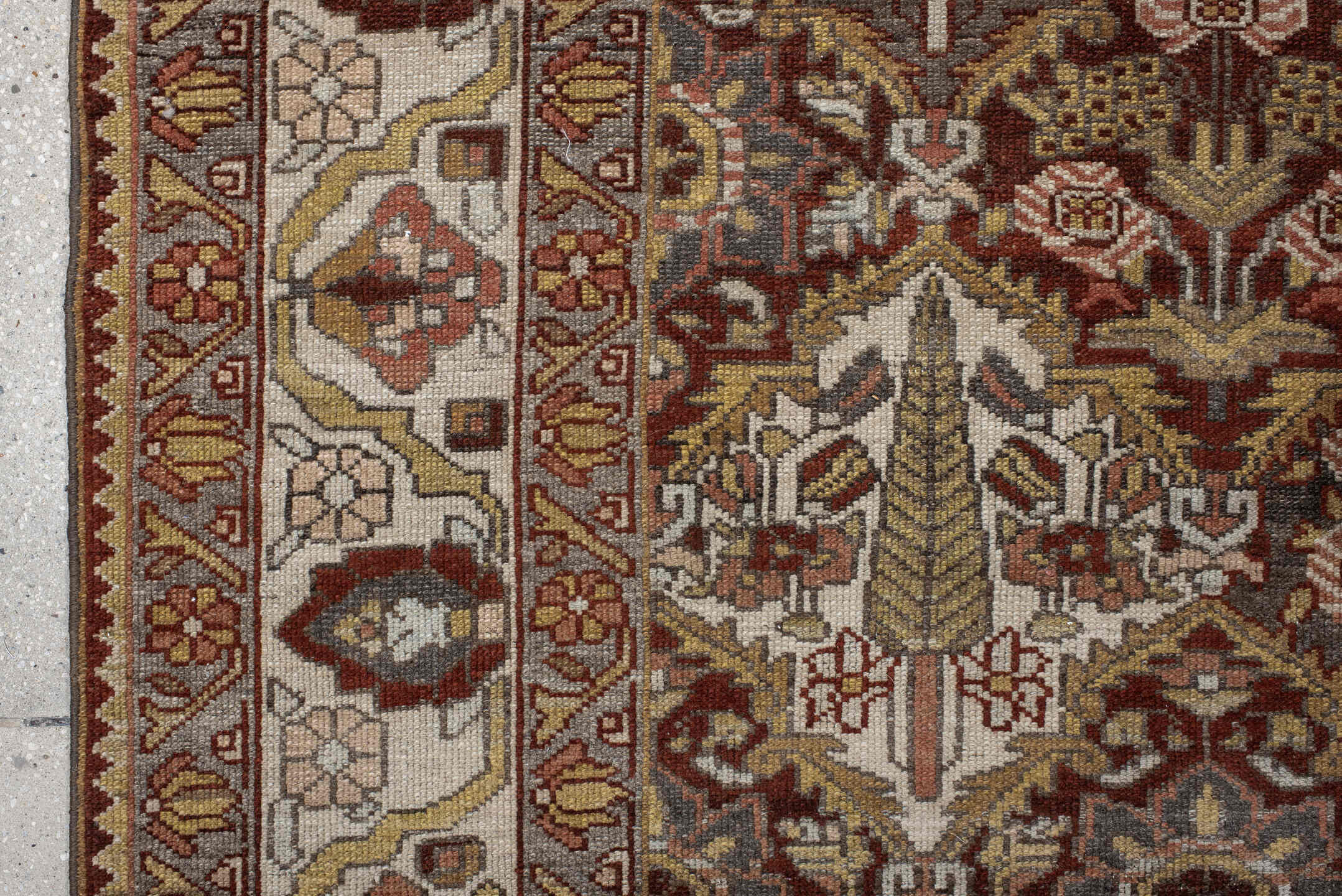 8' x 11' one-of-a-kind handmade antique Baktiary large size rug. Color palette: ivory, rust, brown, camel, taupe, sage, rose