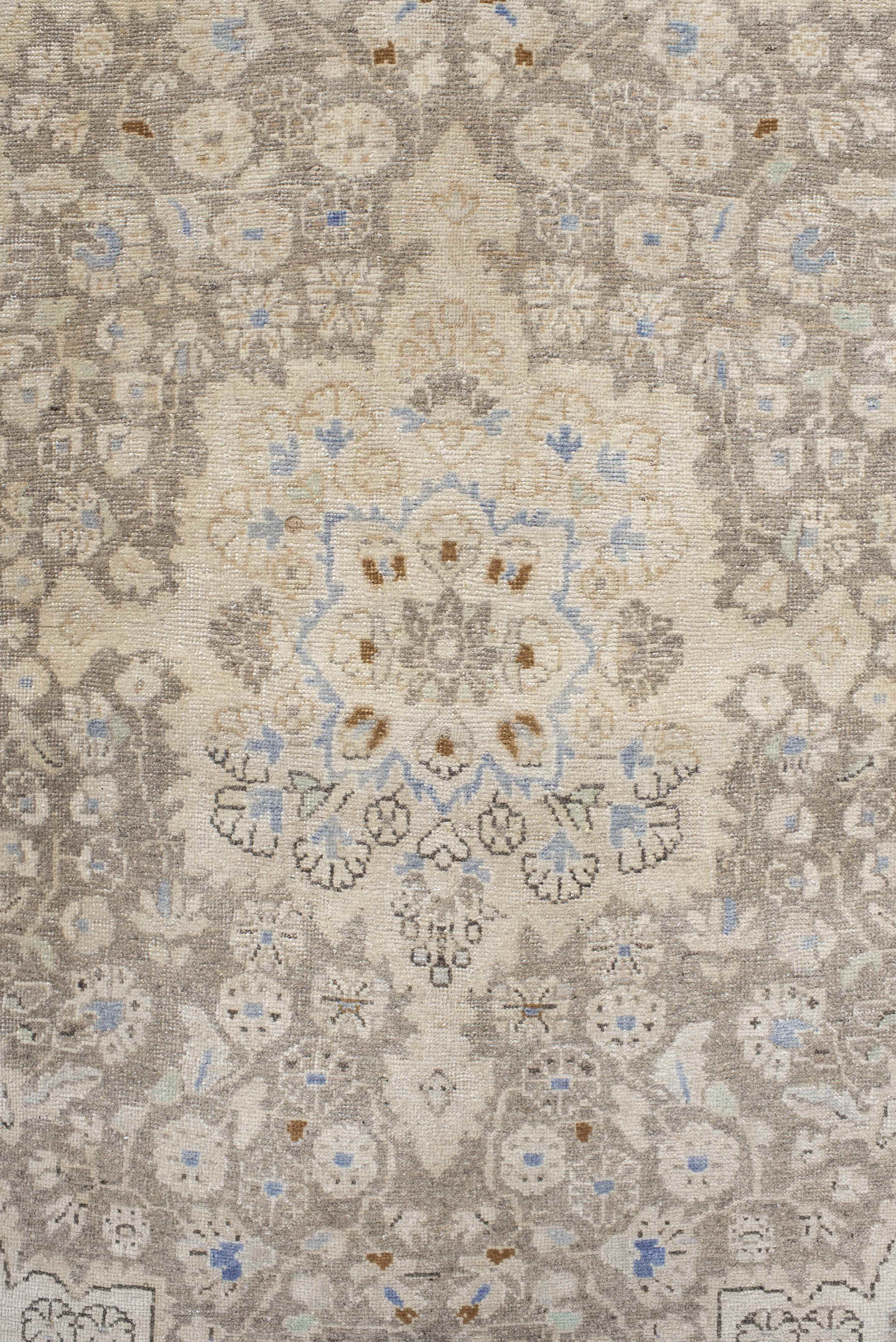 3' x 5' one-of-a-kind handmade vintage Sarouk small size rug. Color palette: ivory, taupe, beige, pale blue, camel, gray