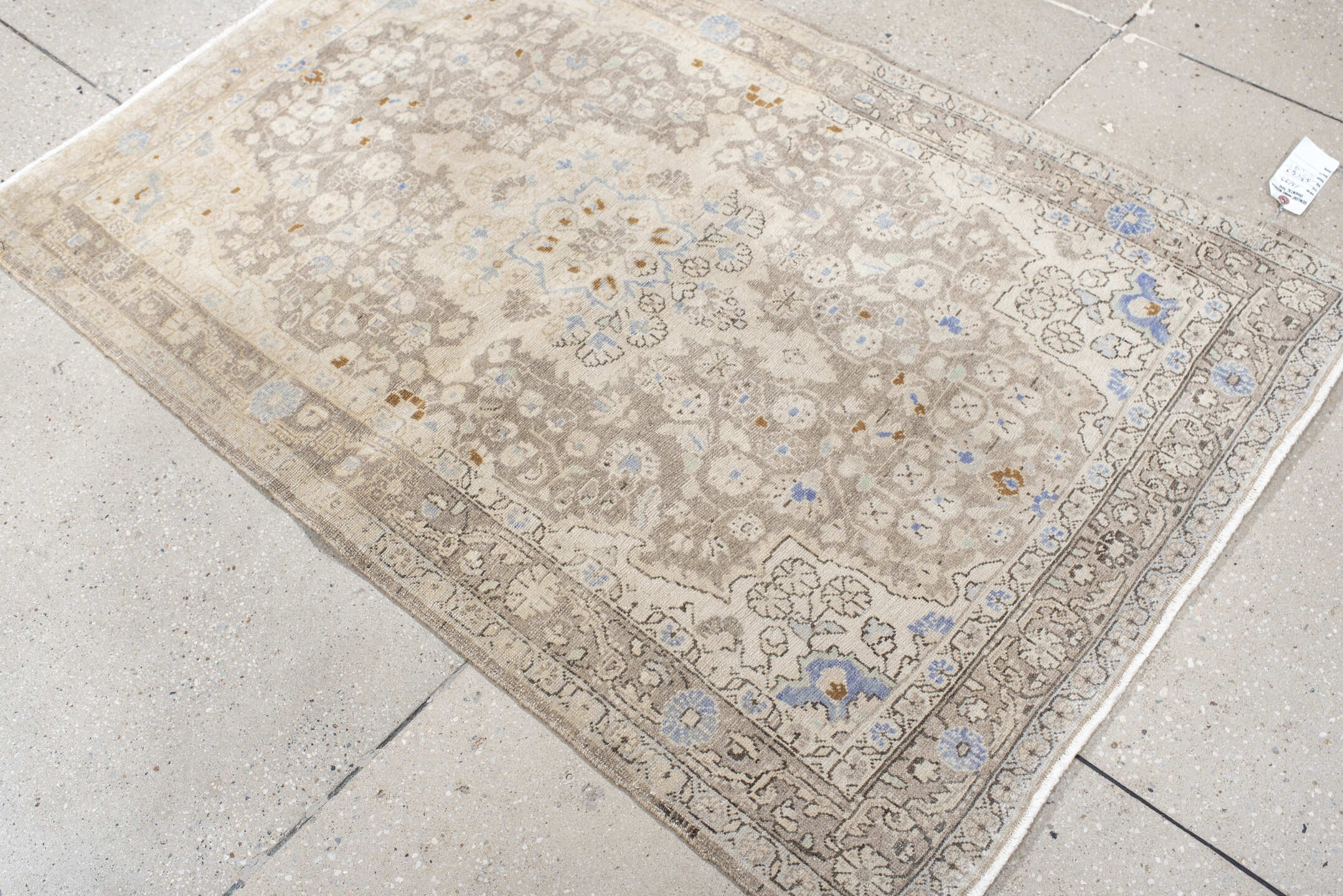 3' x 5' one-of-a-kind handmade vintage Sarouk small size rug. Color palette: ivory, taupe, beige, pale blue, camel, gray