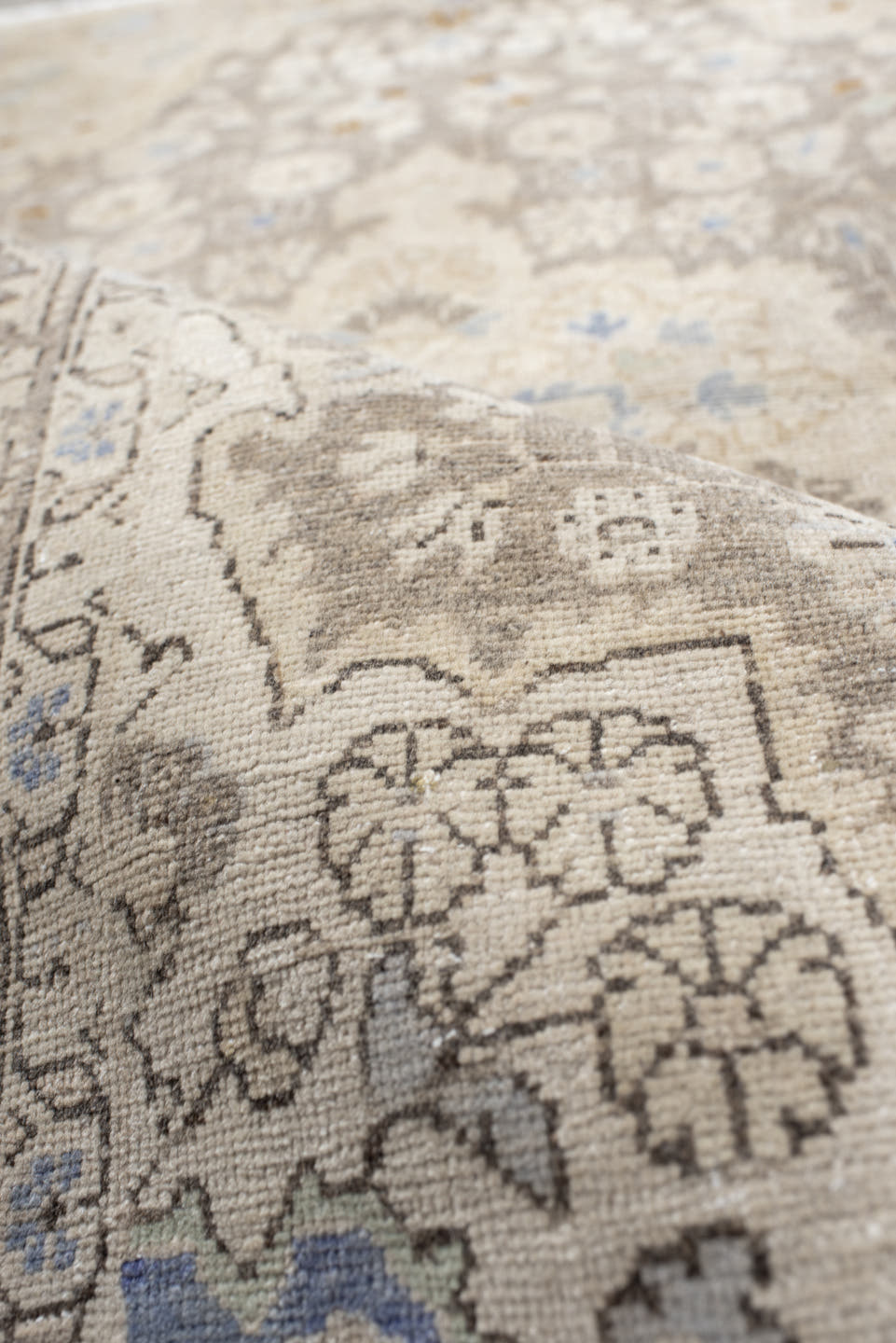 3' x 5' one-of-a-kind handmade vintage Sarouk small size rug. Color palette: ivory, taupe, beige, pale blue, camel, gray