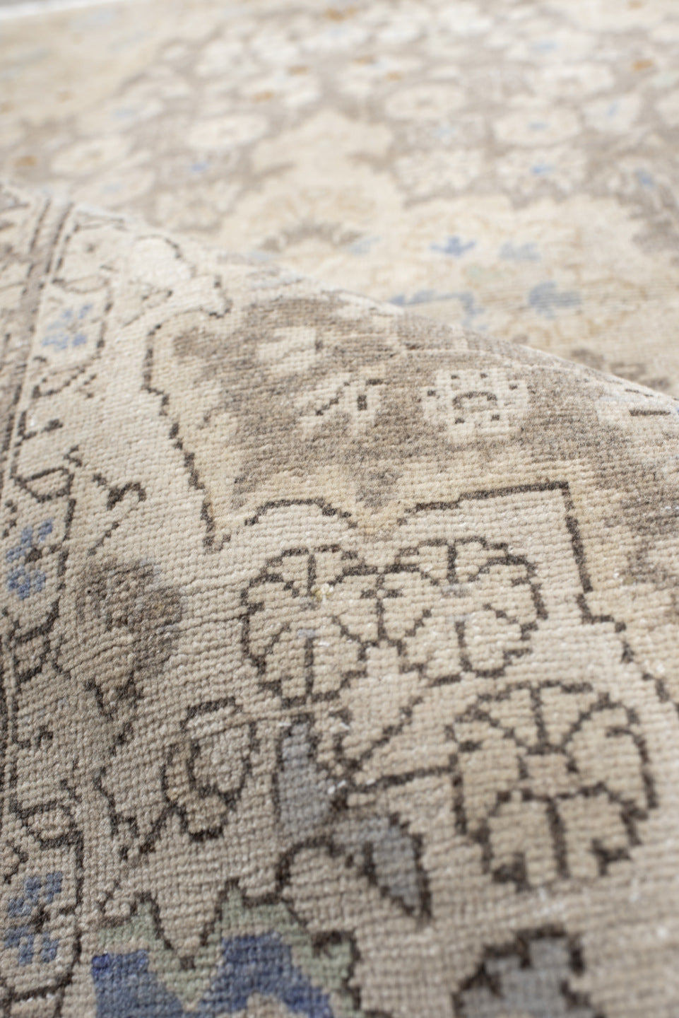3' x 5' one-of-a-kind handmade vintage Sarouk small size rug. Color palette: ivory, taupe, beige, pale blue, camel, gray