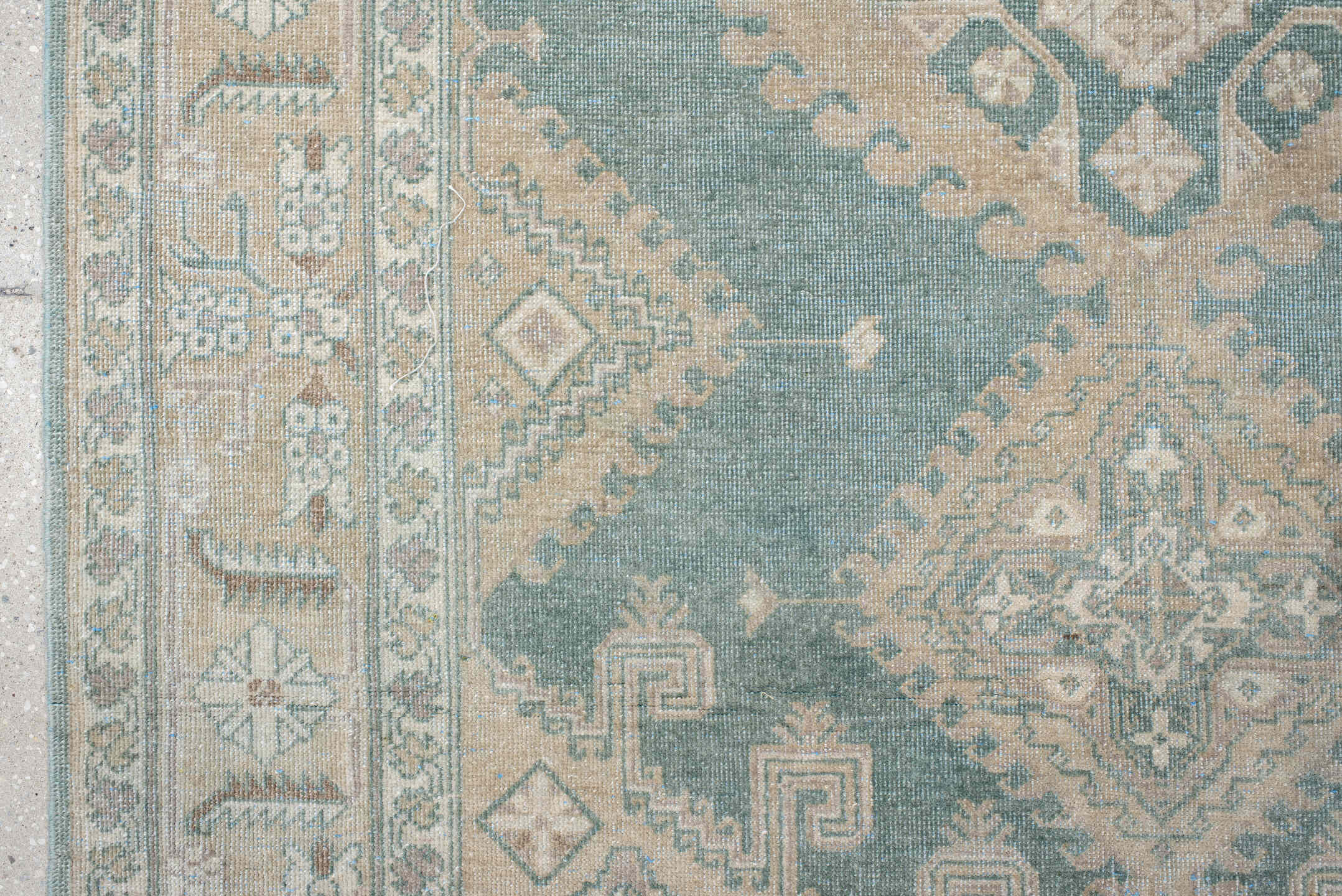 4' x 6' one-of-a-kind handmade antique Sparta small size rug. Color palette: pale blue, ivory, beige, taupe, light gray