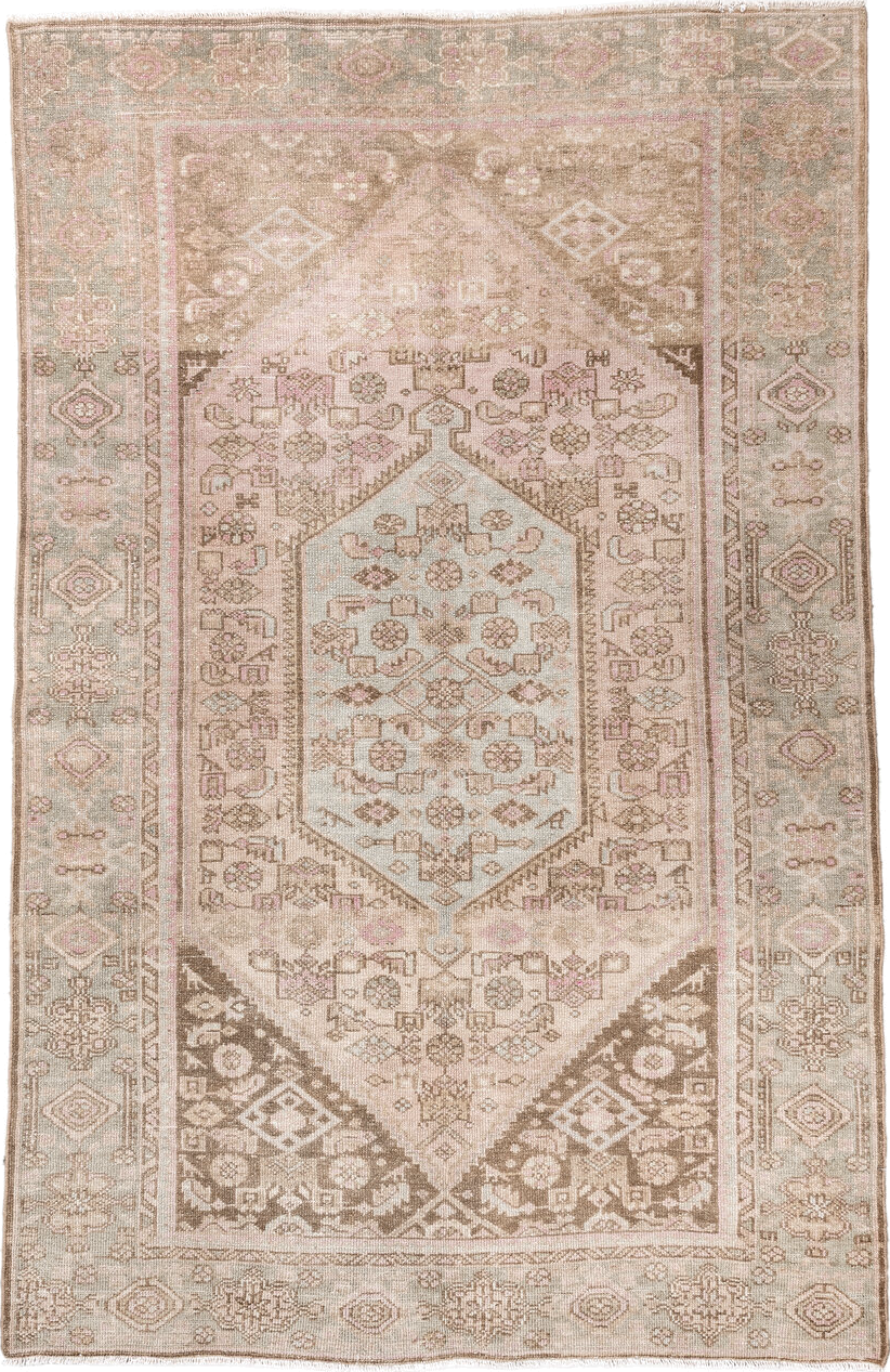 4' x 6' one-of-a-kind handmade antique Hamadan small size rug. Color palette: ivory, taupe, blush, sage, camel, brown, beige