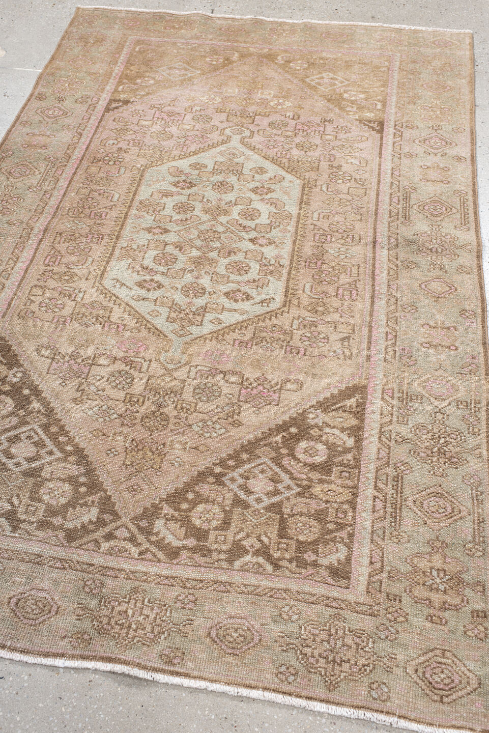 4' x 6' one-of-a-kind handmade antique Hamadan small size rug. Color palette: ivory, taupe, blush, sage, camel, brown, beige