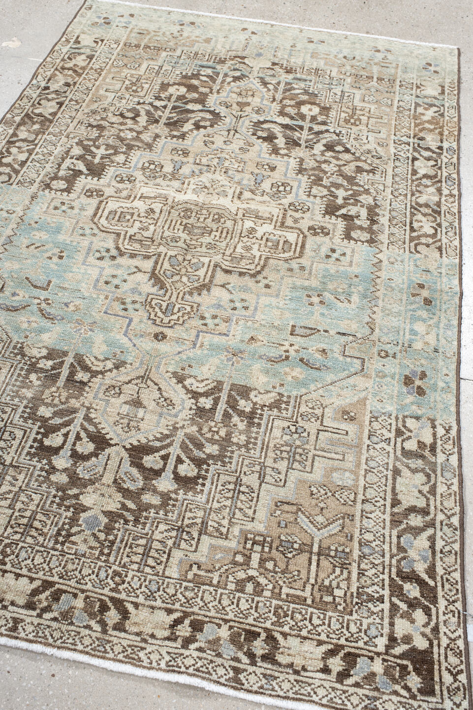 4' x 6' one-of-a-kind handmade vintage Hamadan small size rug. Color palette: ivory, brown, sky blue, taupe, camel, slate