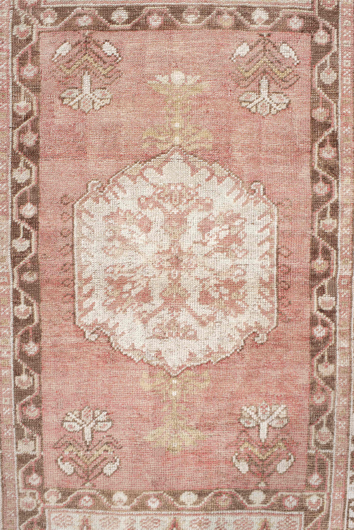 3' x 5' one-of-a-kind handmade antique Anatolian small size rug. Color palette: rose, ivory, taupe, brown, blush, camel