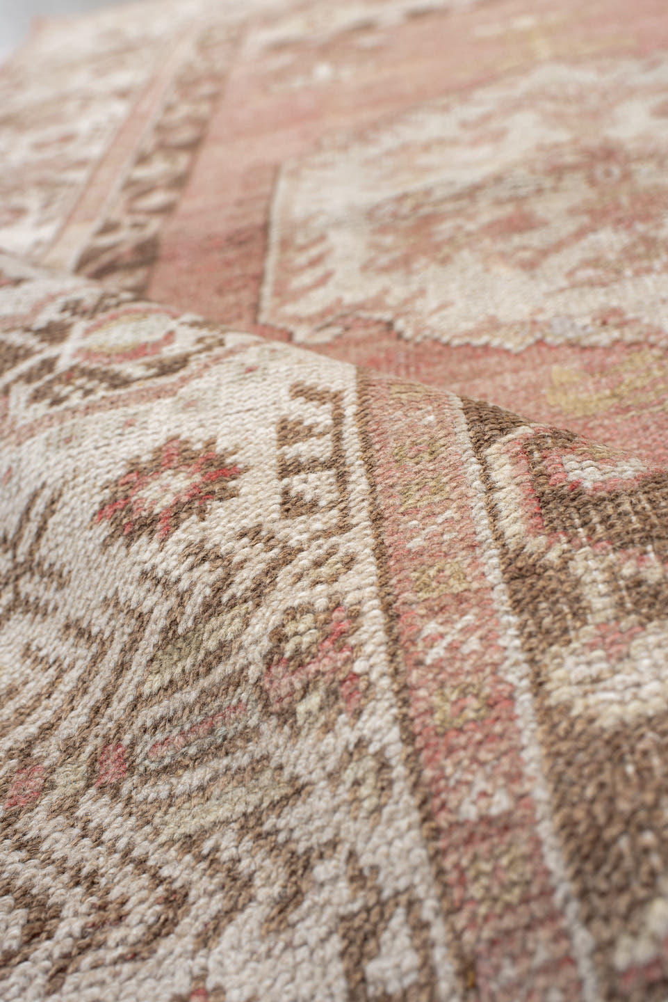 3' x 5' one-of-a-kind handmade antique Anatolian small size rug. Color palette: rose, ivory, taupe, brown, blush, camel