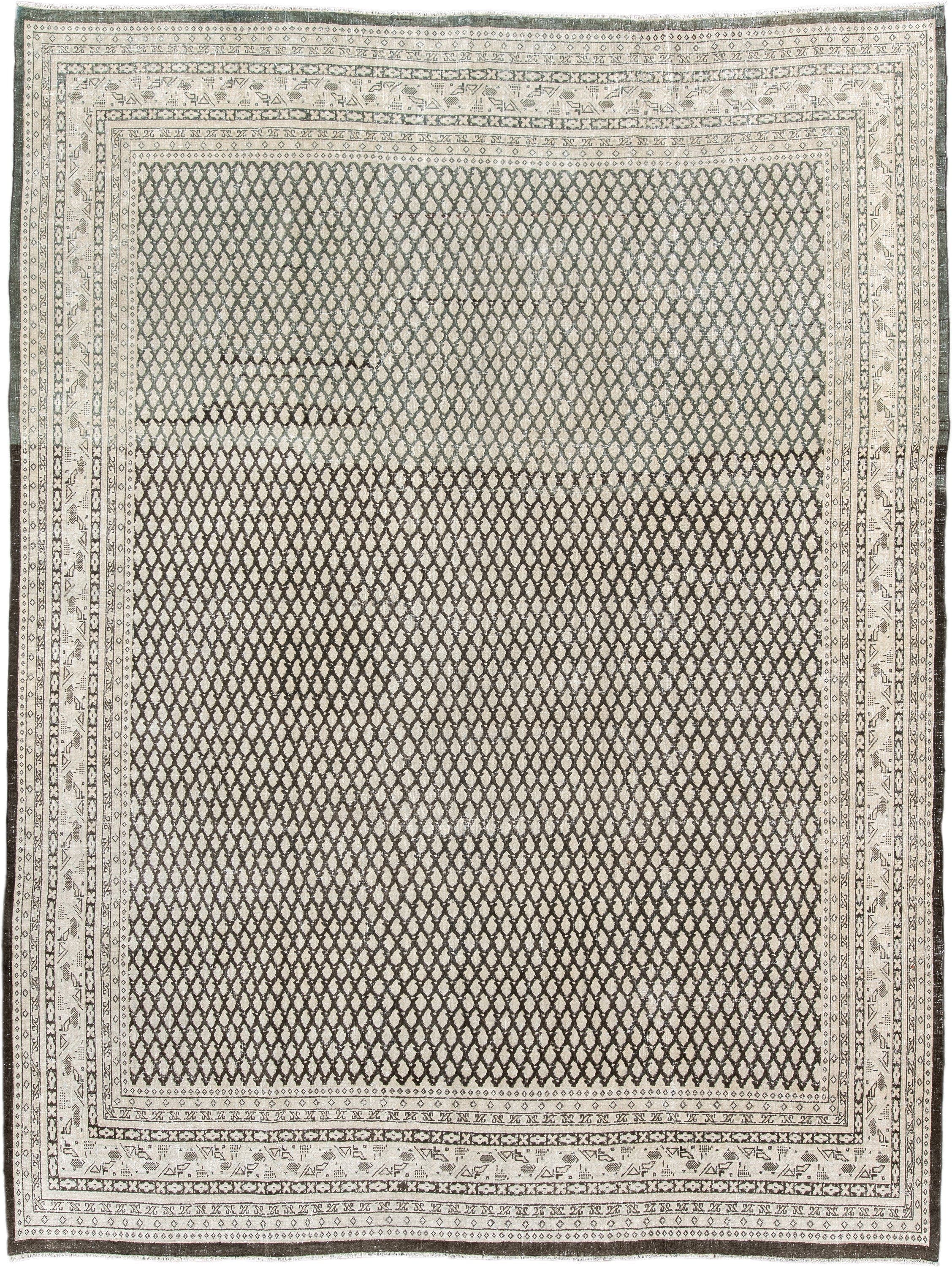 7' x 10' one-of-a-kind handmade antique Mir large size rug. Color palette: ivory, charcoal, taupe, brown, cream, sage, gray