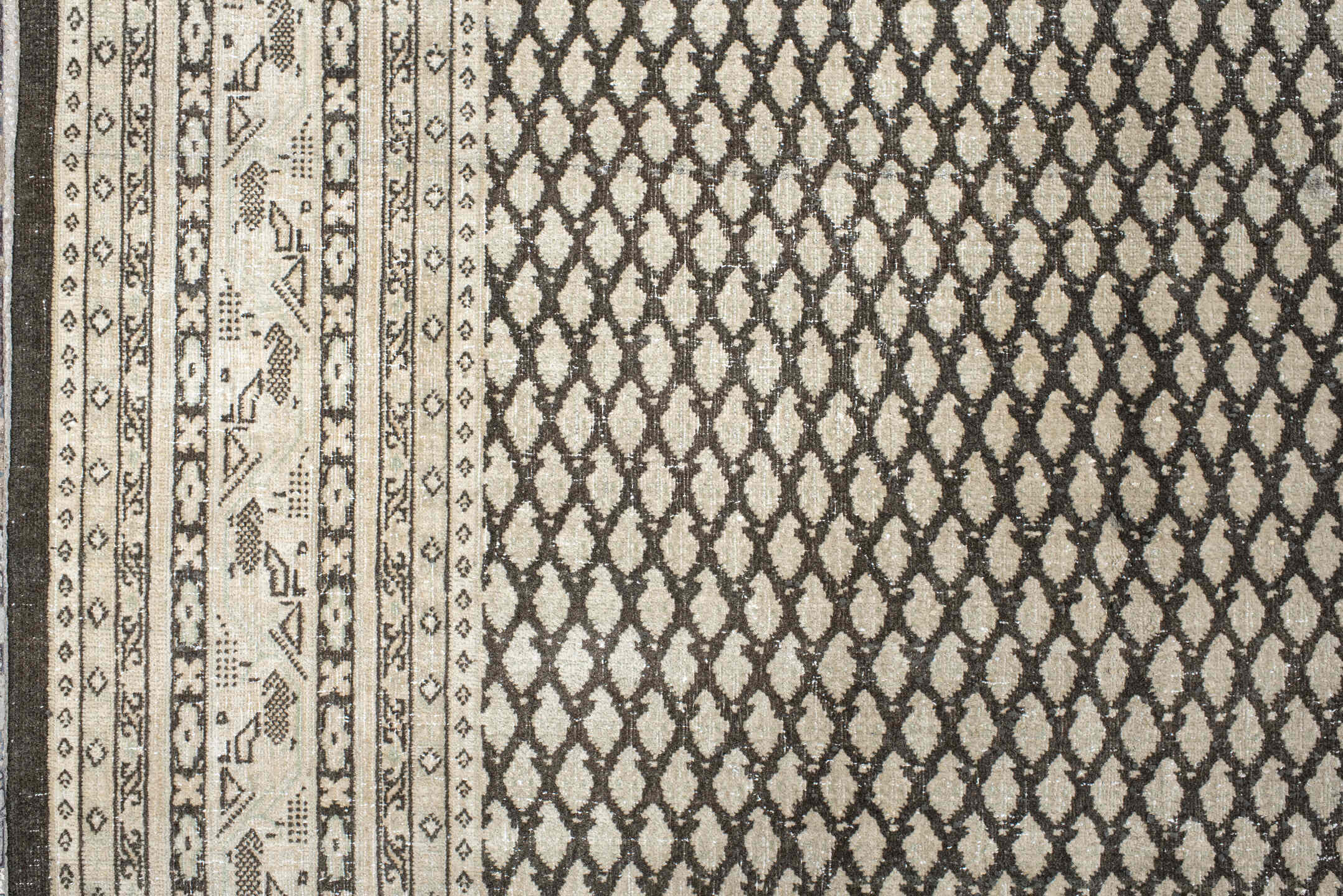 7' x 10' one-of-a-kind handmade vintage Mir large size rug. Color palette: black, floral white, gray, light gray, linen