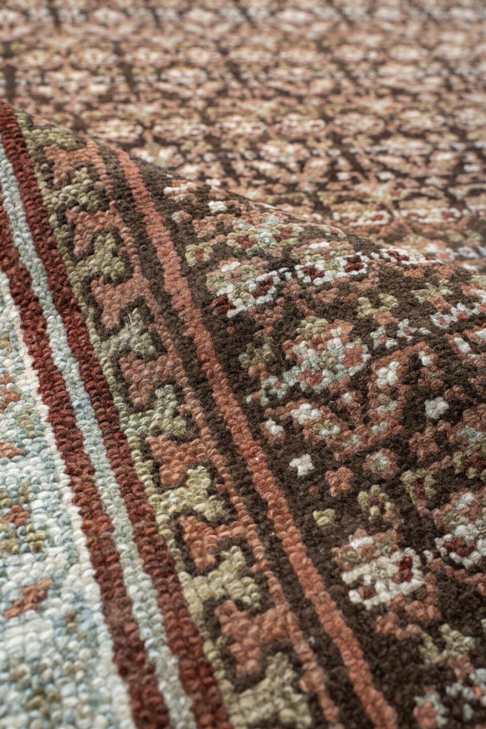 2' x 10' one-of-a-kind handmade antique NW Persian runner rug. Color palette: brown, ivory, rust, camel, taupe, charcoal