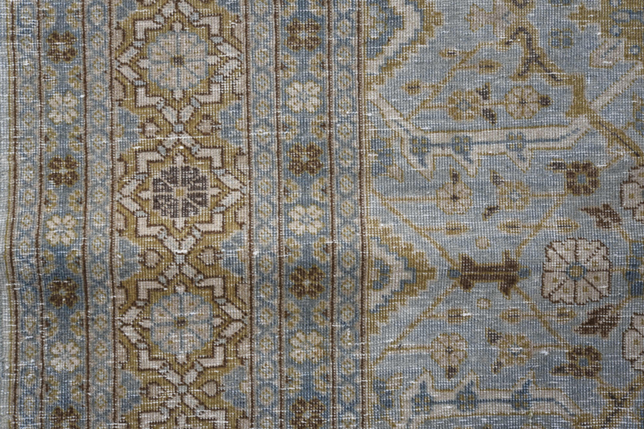 6' x 9' one-of-a-kind handmade vintage Tabriz medium size rug. Color palette: pale blue, taupe, ivory, brown, slate, camel
