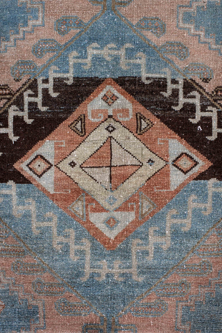 7' x 8' one-of-a-kind handmade vintage Hamadan rug. Color palette: sky blue, blush, ivory, espresso, taupe, camel, slate