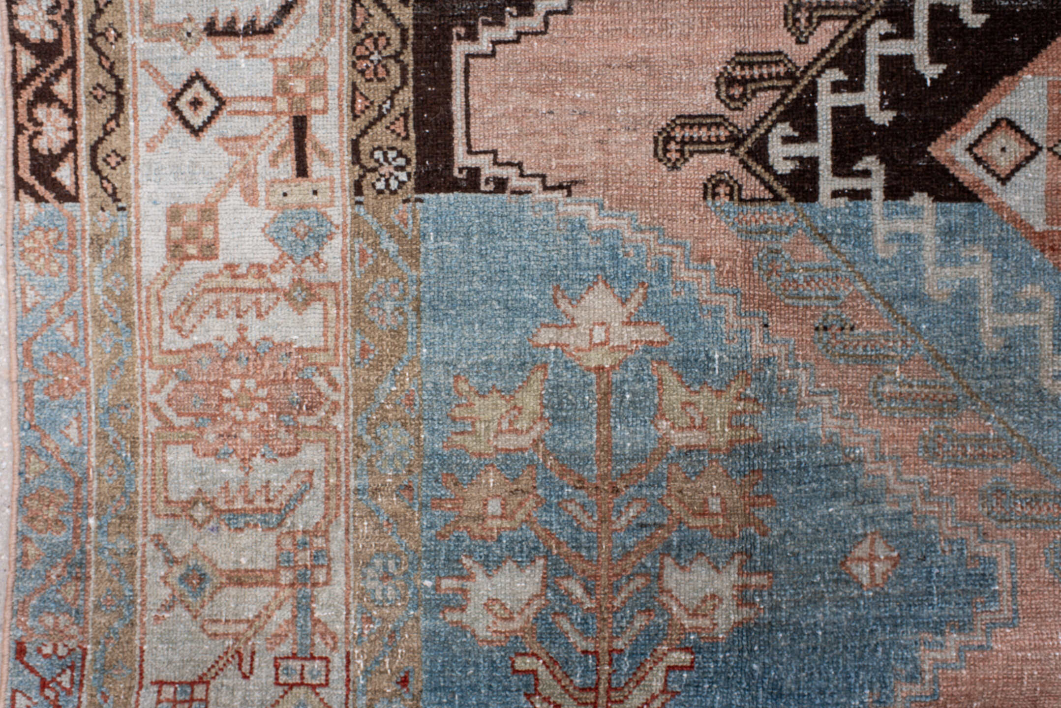 7' x 8' one-of-a-kind handmade vintage Hamadan rug. Color palette: sky blue, blush, ivory, espresso, taupe, camel, slate