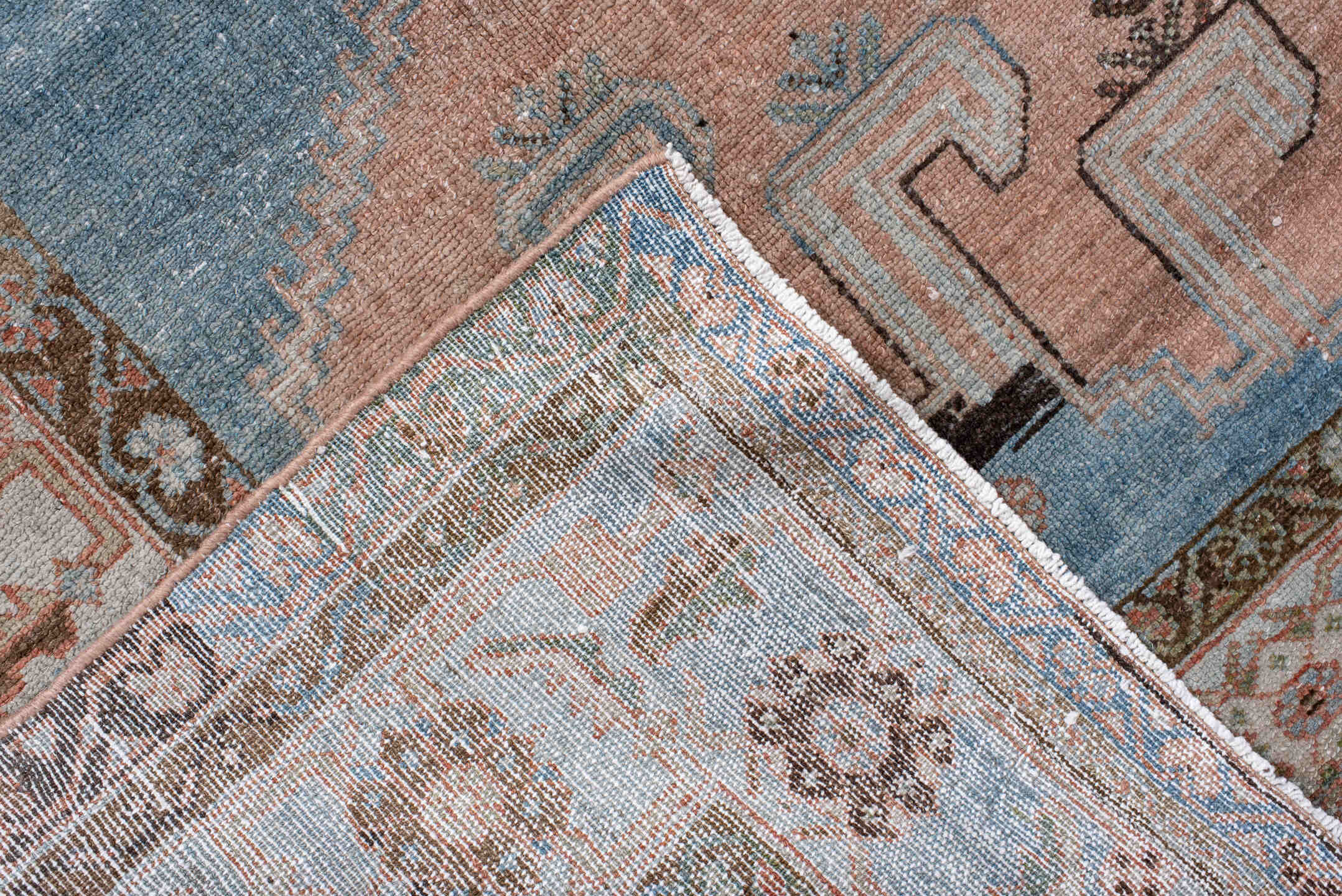 7' x 8' one-of-a-kind handmade vintage Hamadan rug. Color palette: sky blue, blush, ivory, espresso, taupe, camel, slate