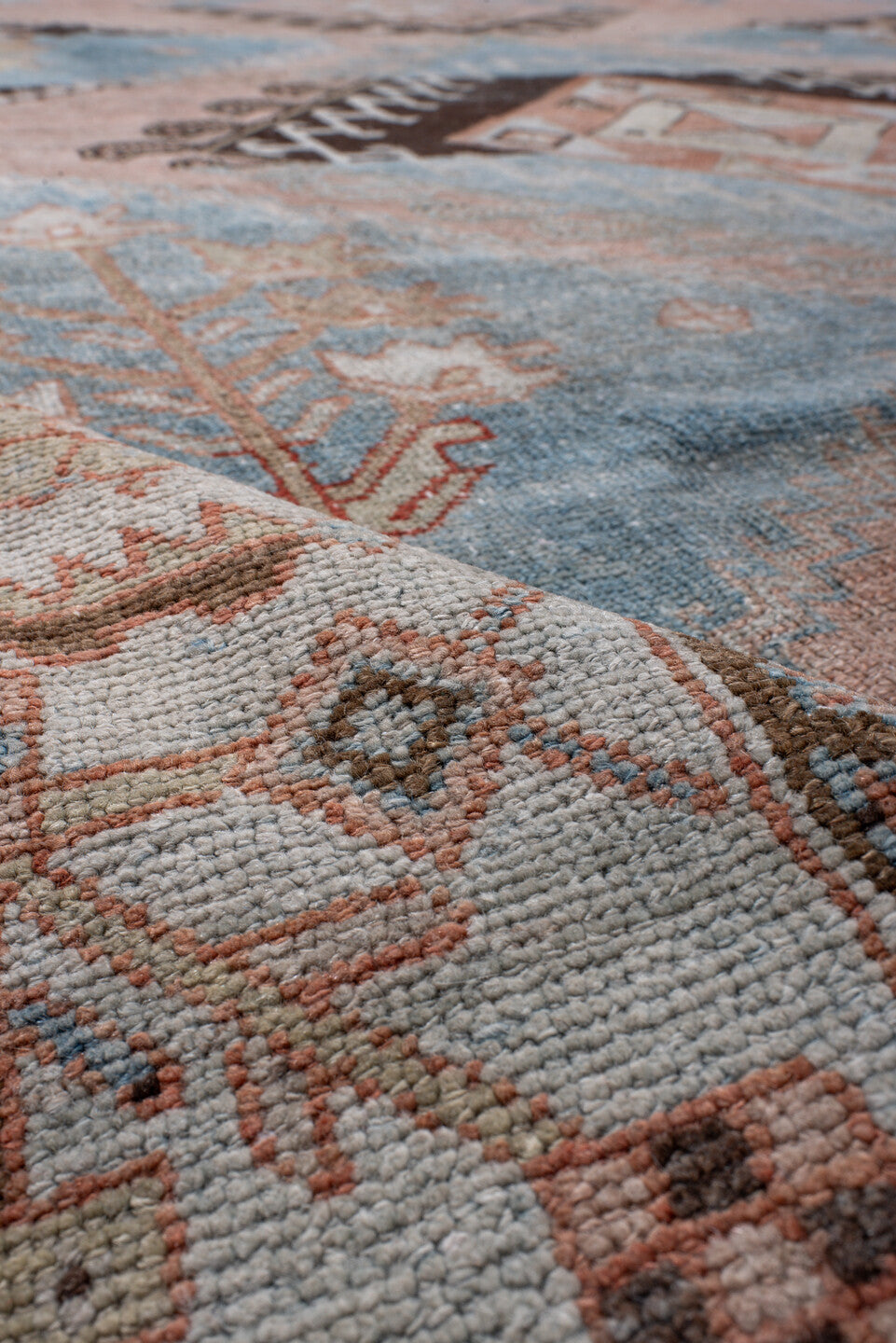 7' x 8' one-of-a-kind handmade vintage Hamadan rug. Color palette: sky blue, blush, ivory, espresso, taupe, camel, slate