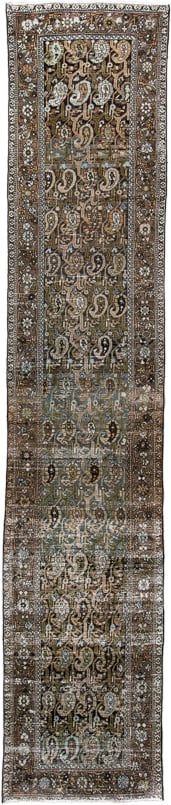 3' x 15' one-of-a-kind handmade vintage Malayer runner rug. Color palette: brown, taupe, ivory, blue_gray, charcoal, olive