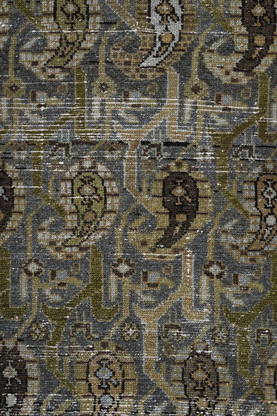 3' x 15' one-of-a-kind handmade vintage Malayer runner rug. Color palette: brown, taupe, ivory, blue_gray, charcoal, olive