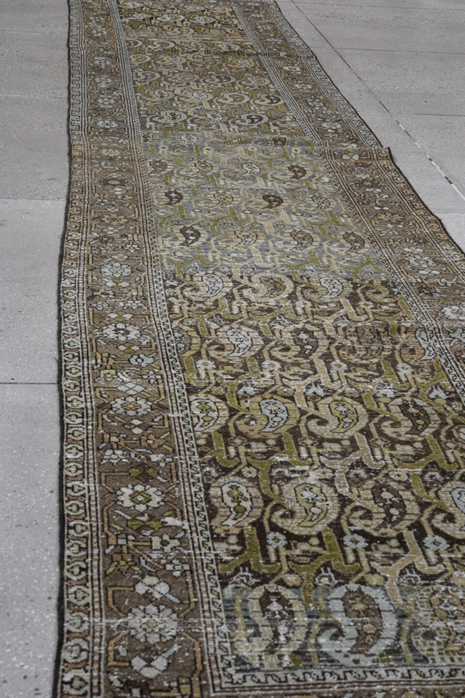 3' x 15' one-of-a-kind handmade vintage Malayer runner rug. Color palette: brown, taupe, ivory, blue_gray, charcoal, olive