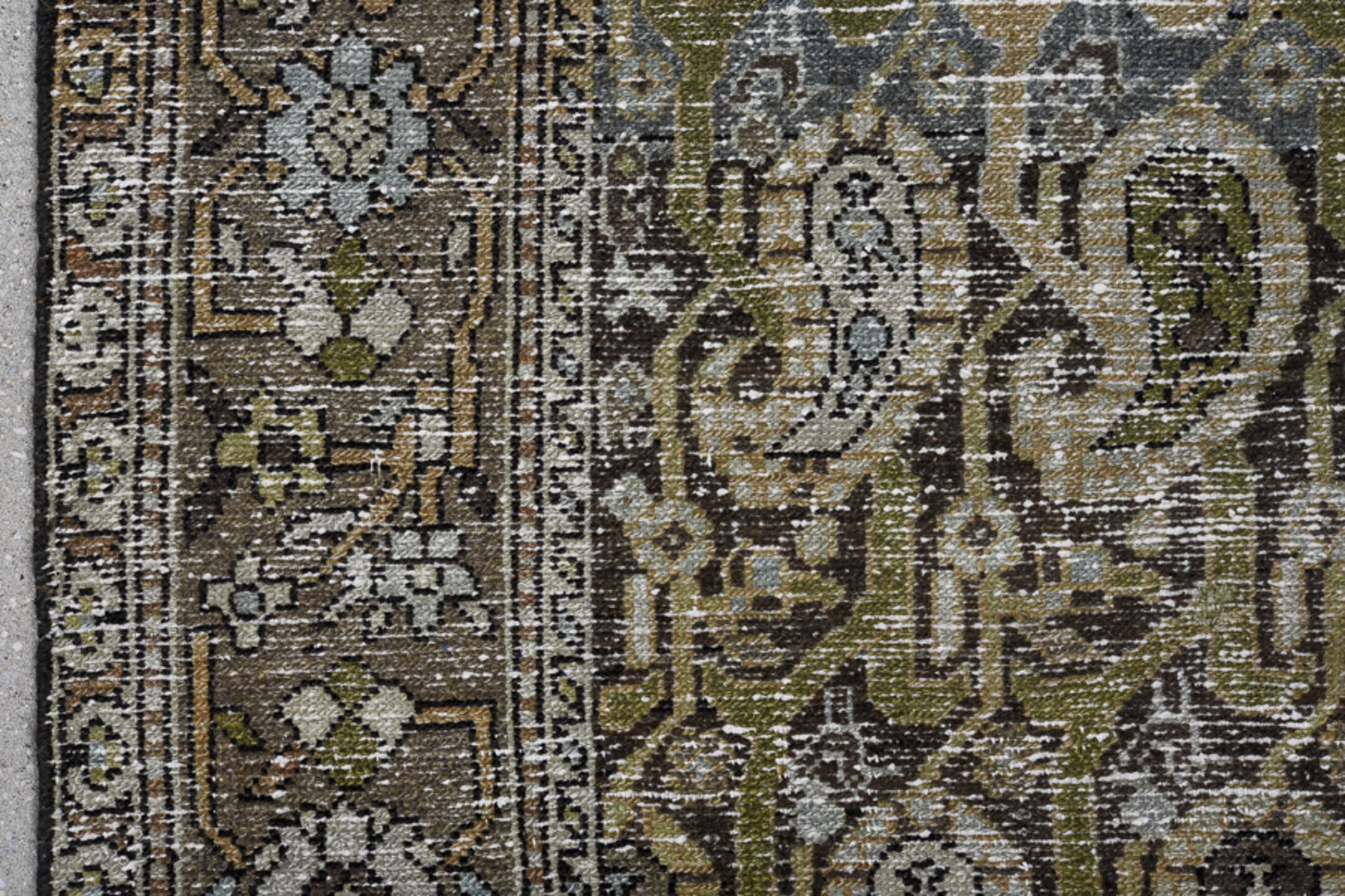 3' x 15' one-of-a-kind handmade vintage Malayer runner rug. Color palette: brown, taupe, ivory, blue_gray, charcoal, olive