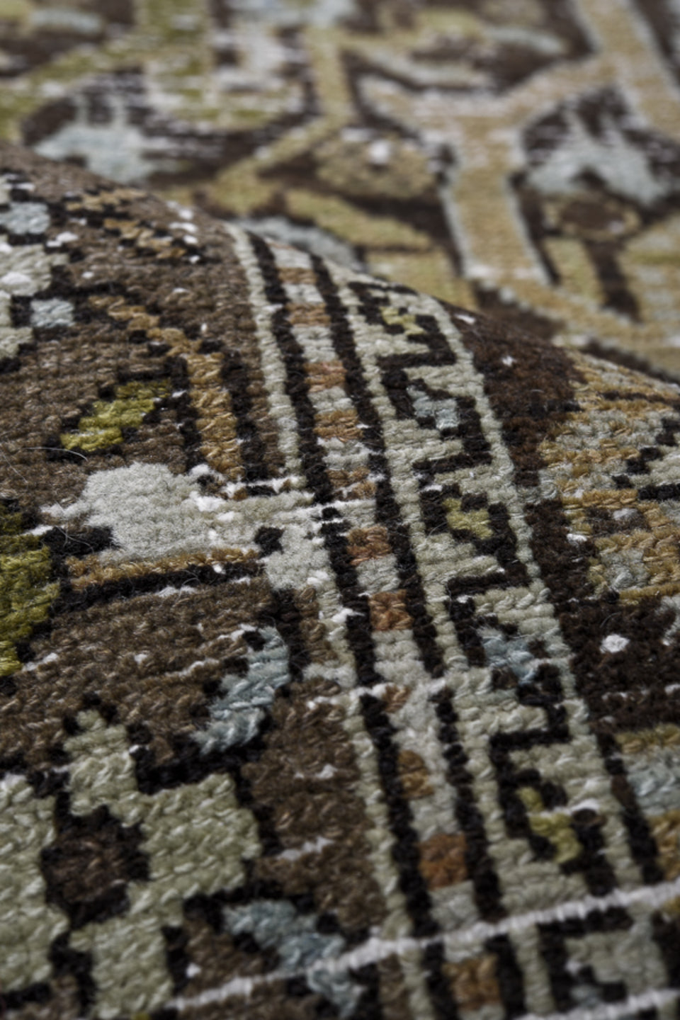 3' x 15' one-of-a-kind handmade vintage Malayer runner rug. Color palette: brown, taupe, ivory, blue_gray, charcoal, olive