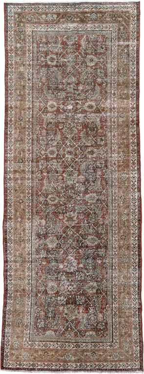 4' x 10' one-of-a-kind handmade vintage Mahal runner rug. Color palette: rust, ivory, taupe, sage, brown, charcoal