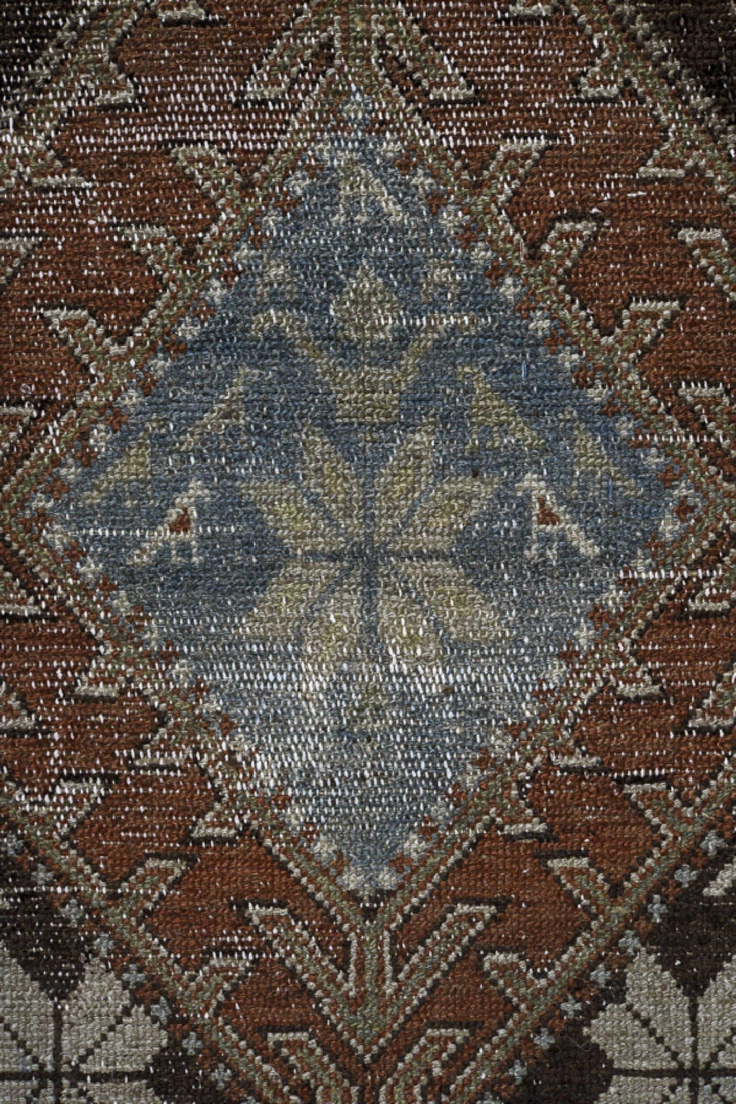 2' x 12' one-of-a-kind handmade vintage Malayer runner rug. Color palette: ivory, rust, sky blue, charcoal, taupe, brown
