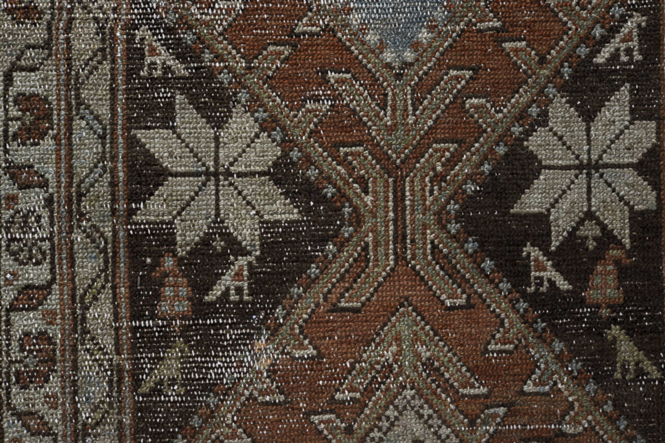 2' x 12' one-of-a-kind handmade vintage Malayer runner rug. Color palette: ivory, rust, sky blue, charcoal, taupe, brown