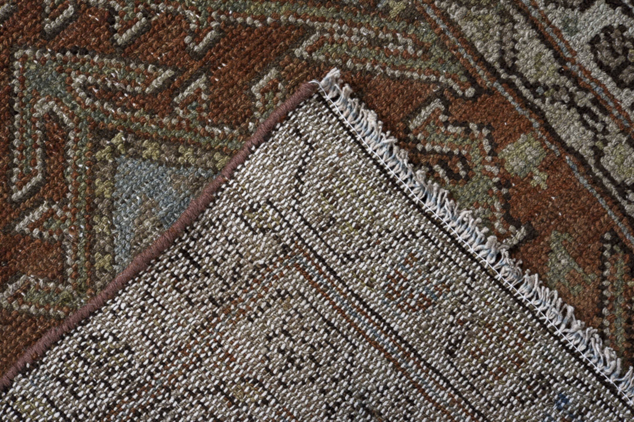 2' x 12' one-of-a-kind handmade vintage Malayer runner rug. Color palette: ivory, rust, sky blue, charcoal, taupe, brown