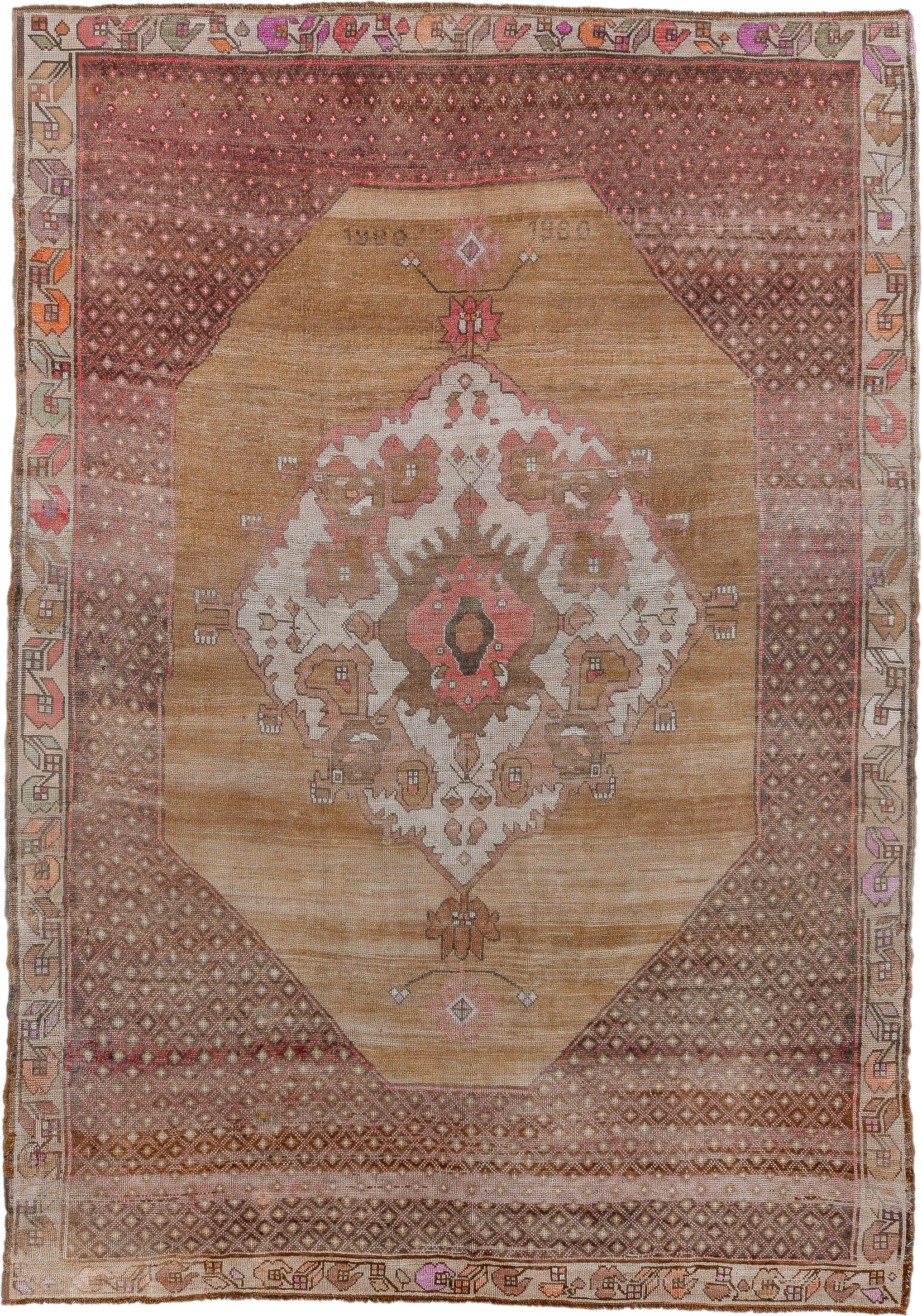 8' x 11' one-of-a-kind handmade antique large size rug. Color palette: camel, taupe, ivory, rose, rust, brown, lilac, beige